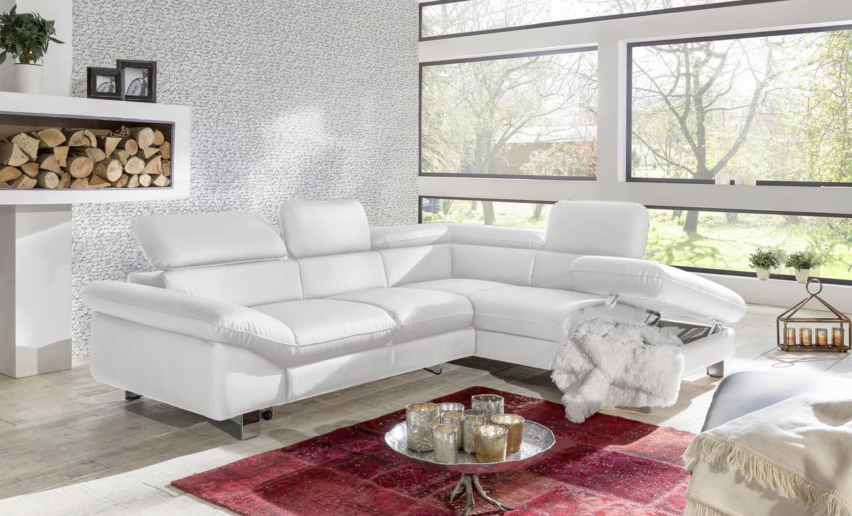 Ecksofa Mit Schlaffunktion Driver Weiß Lederlook - Chromfarben/Weiß, MODERN, Textil (266/214cm) - MID.YOU