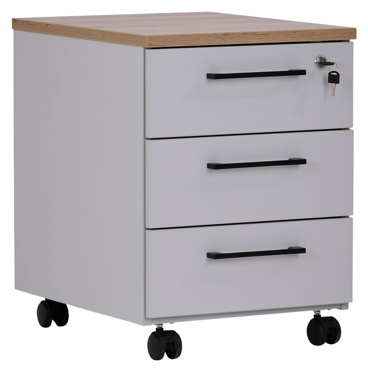 Görgős Konténer Kontor - tölgyfa/szürke, Modern, faalapú anyag (43/58.4/55.3cm)