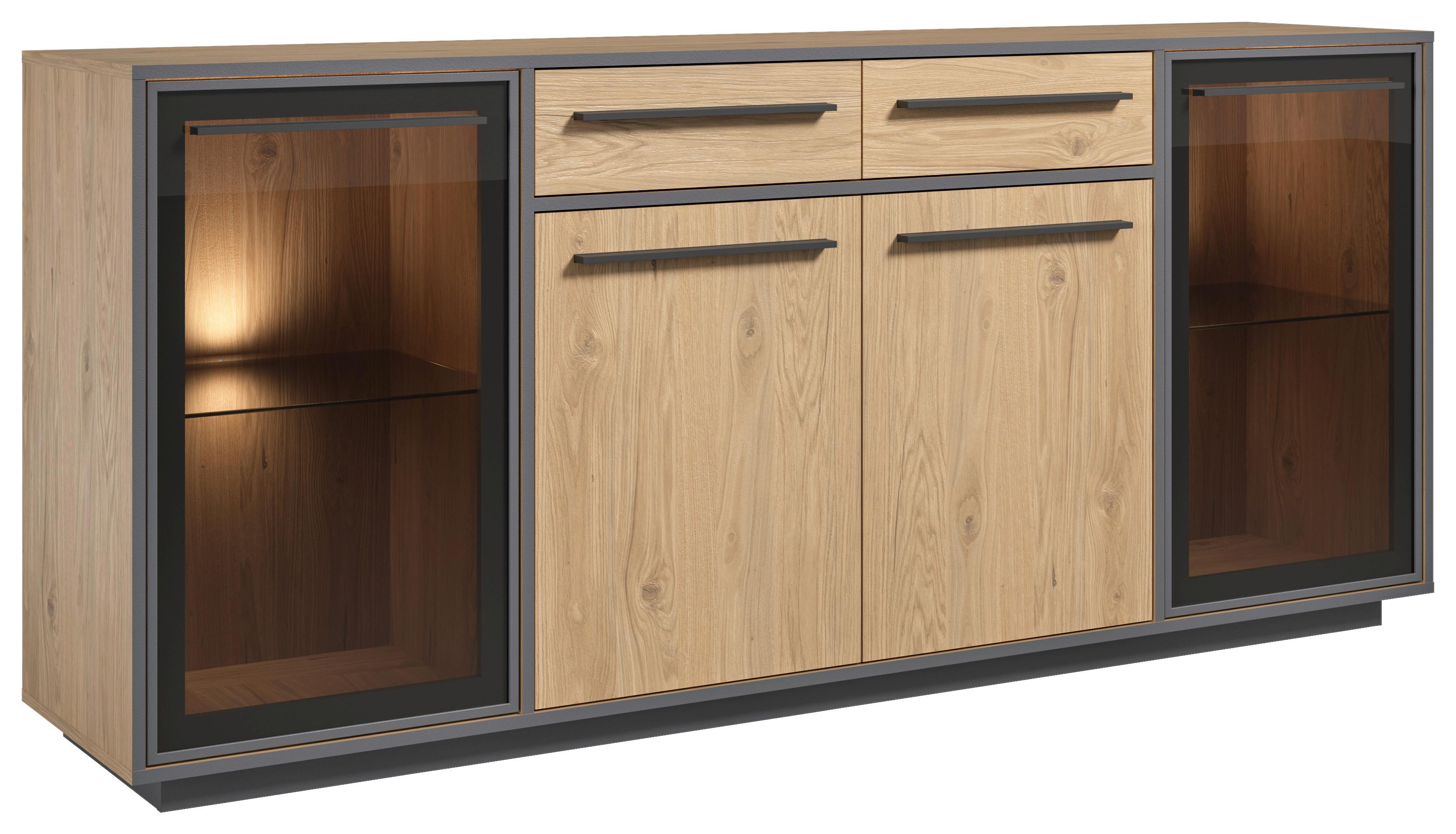 Sideboard Nadiro B: 187 cm Wildeiche Dekor/Schwarz Matt - Eichefarben/Schwarz, Trend, Glas/Holzwerkstoff (187/83/40cm) - Livetastic