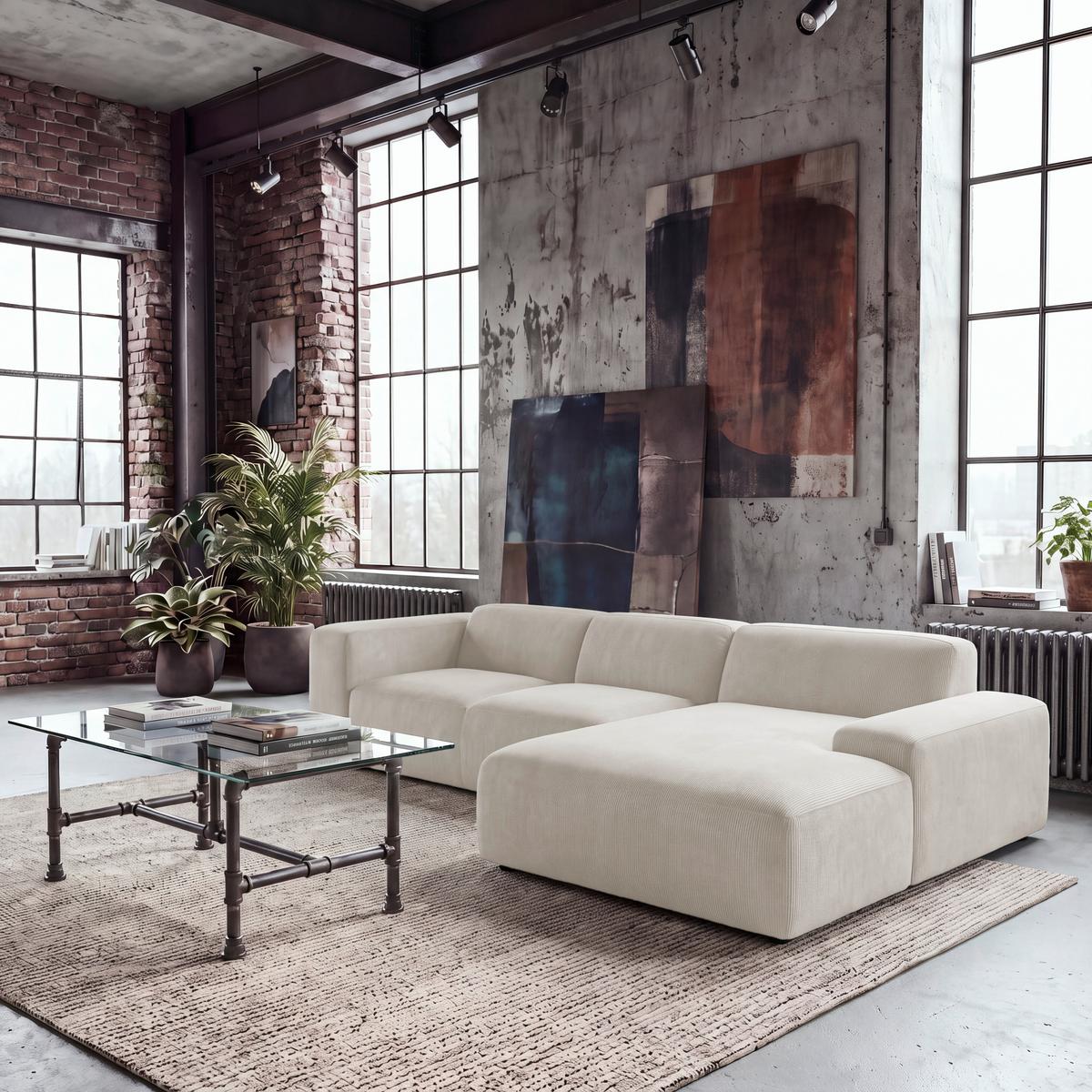 ECKSOFA Hannah Creme 304x200 cm - Creme/Schwarz, Design, Textil (304/200cm) - MID.YOU