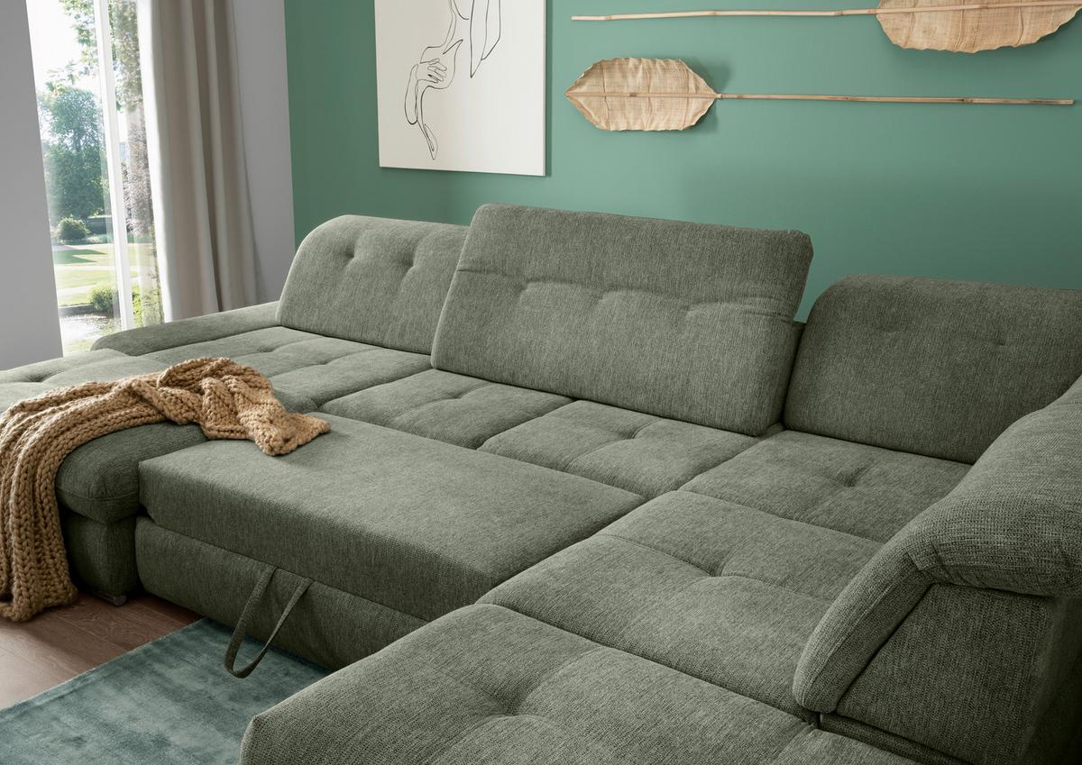 Wohnlandschaft Dalida Dunkelgrün U: 195x376x254 Cm - Chromfarben/Dunkelgrün, Design, Textil (195/376/254cm) - Livetastic