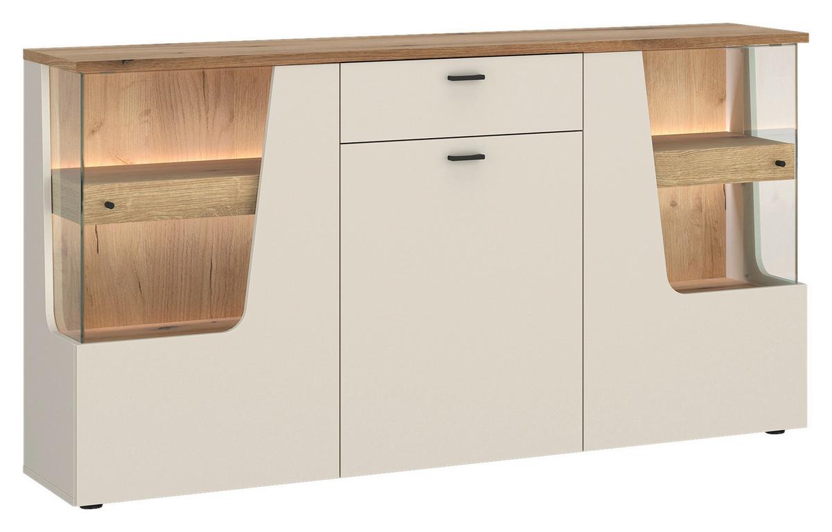 Sideboard Cut Out, B: 165cm Kaschmir/eichefarben - Kaschmir/Eichefarben, MODERN, Glas/Holzwerkstoff (165/90/40cm) - Premium Living