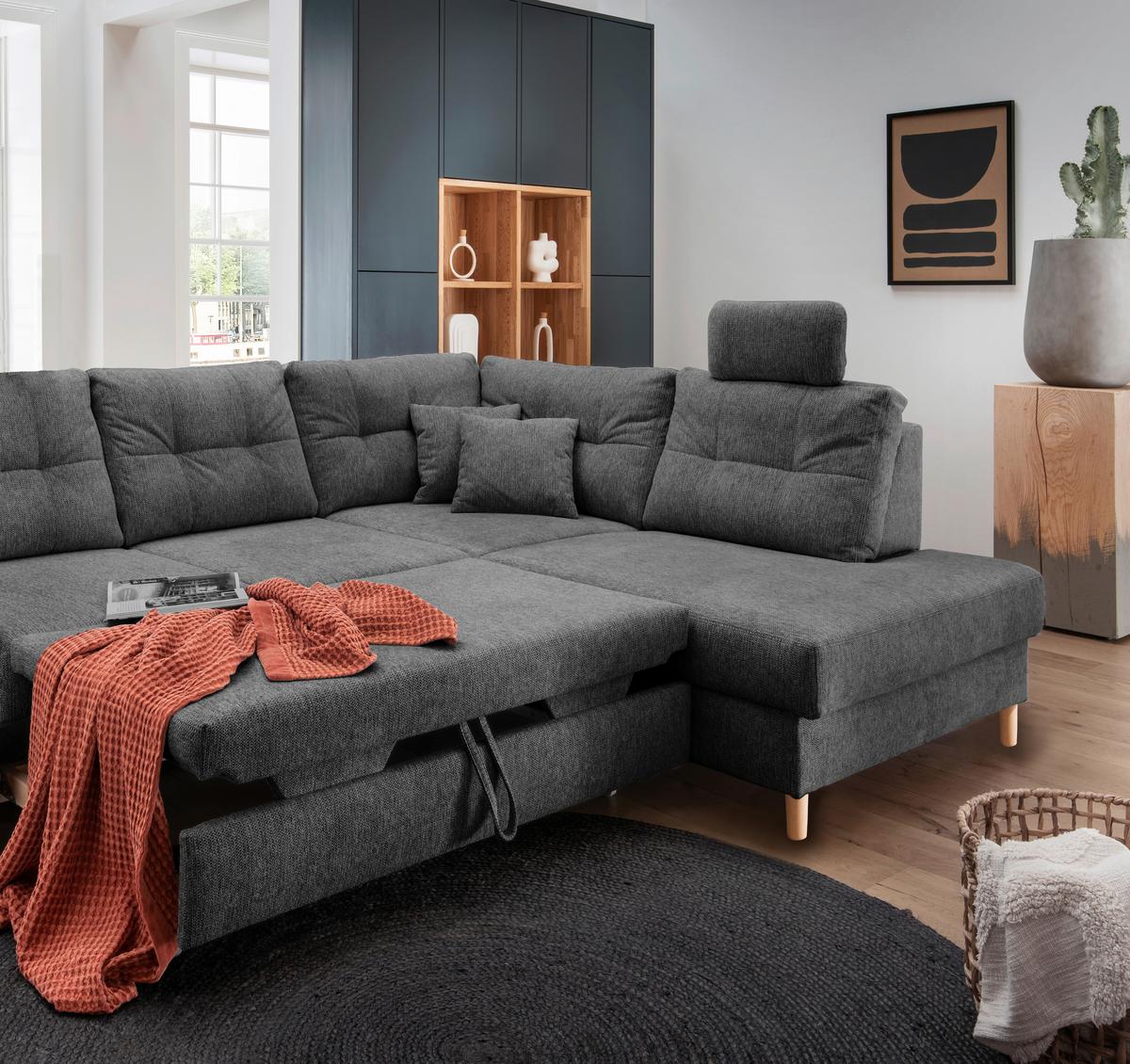 Ecksofa Brizzini Inkl. Bettkasten, Anthrazit, 264x206 - Anthrazit/Naturfarben, MODERN, Textil (264/206cm) - Livetastic