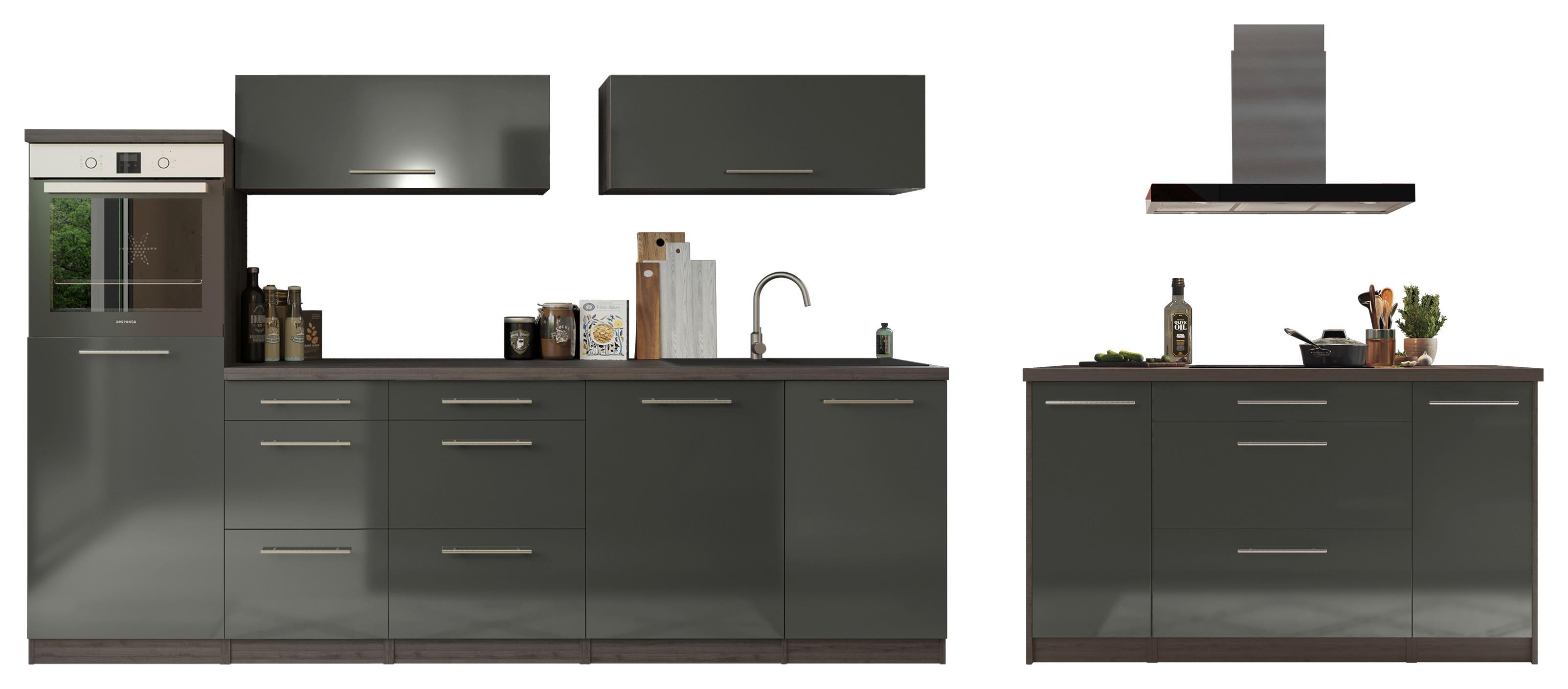 Küchenzeile Premium mit Geräte 280 cm Grau mit Kochinsel - Eichefarben/Grau, Basics, Holzwerkstoff (280/160cm) - Respekta