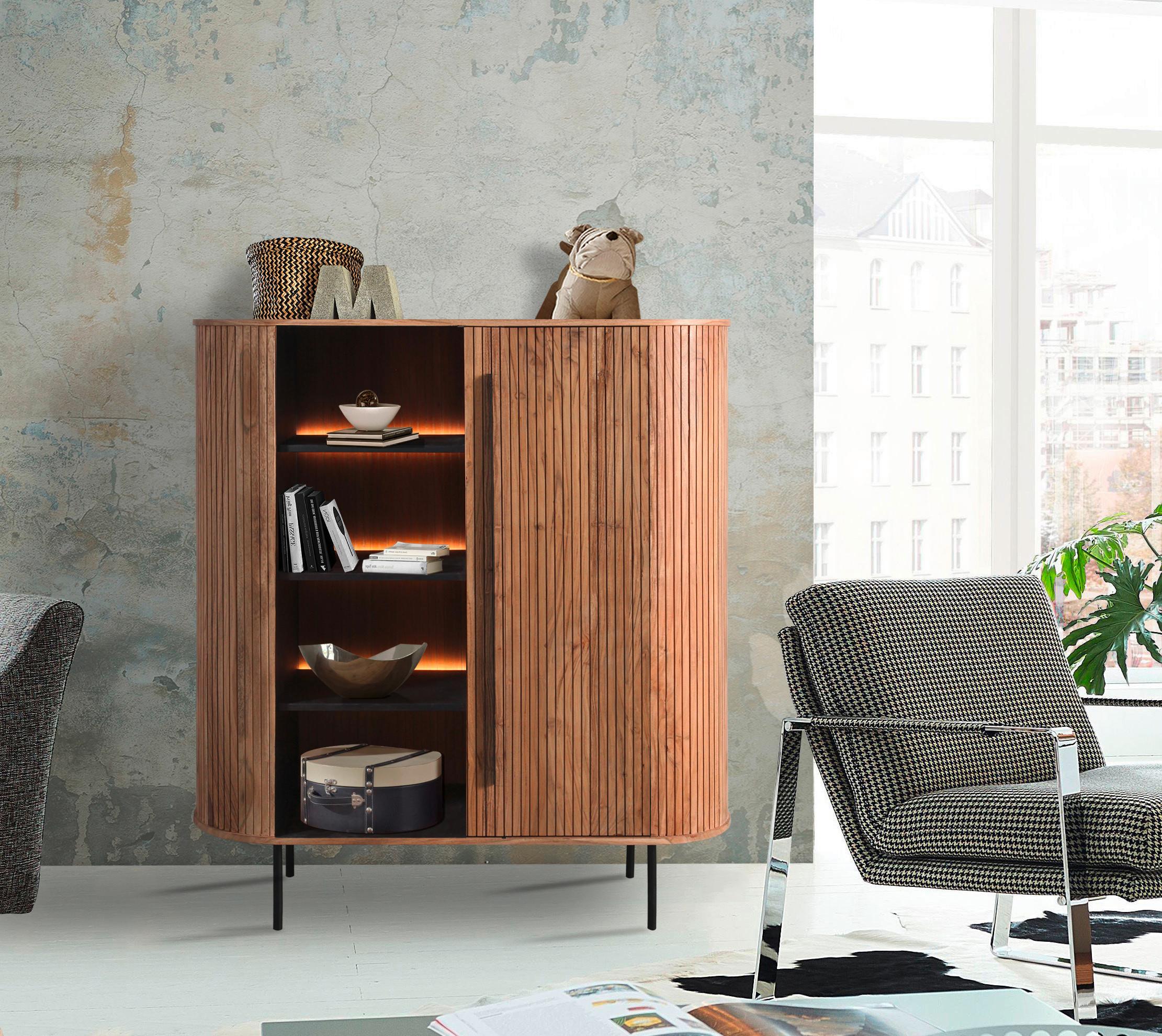 Highboard Kunja Akazie Massiv, B: 118 cm - Schwarz/Akaziefarben, Trend, Holz/Metall (118/135/40cm)