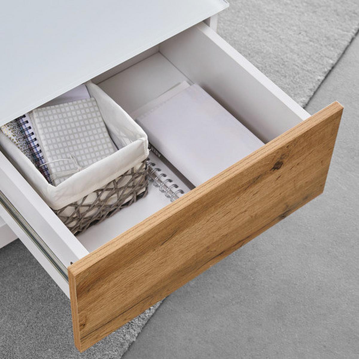 Konferenční stolek NEVIO bílá/dekor dub - bílá/barvy dubu, Moderní, sklo (85/85/30cm) - Bessagi Home