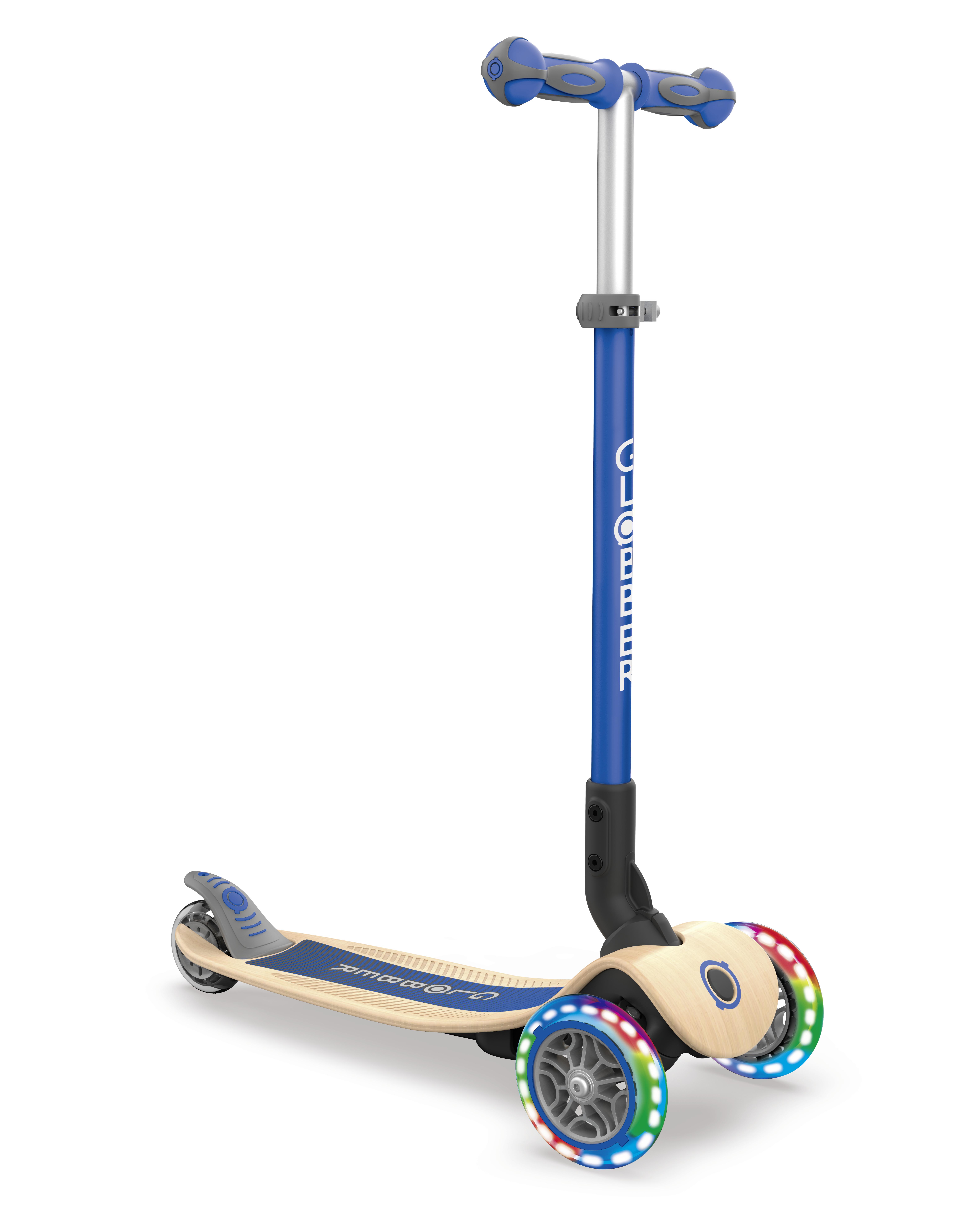 Kinder-Dreiradscooter Globber Primo, Blau, klappbar - Blau/Birkefarben, Basics, Holz/Kunststoff (56/77,5/28cm)