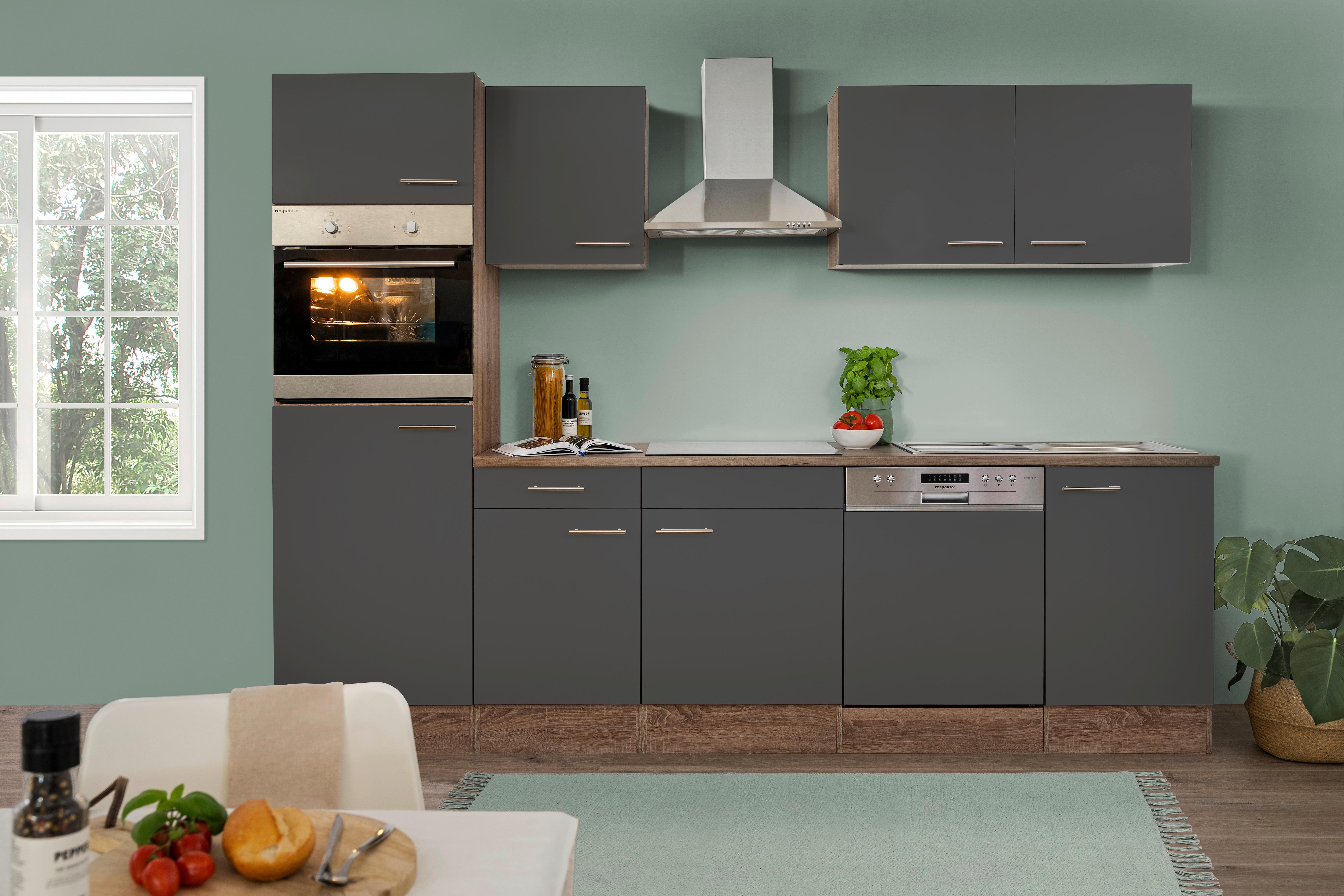 Küchenzeile mit Geräten B: 280 cm Grau/Eiche Dekor - Eichefarben/Grau, Design, Holzwerkstoff (280cm) - Respekta