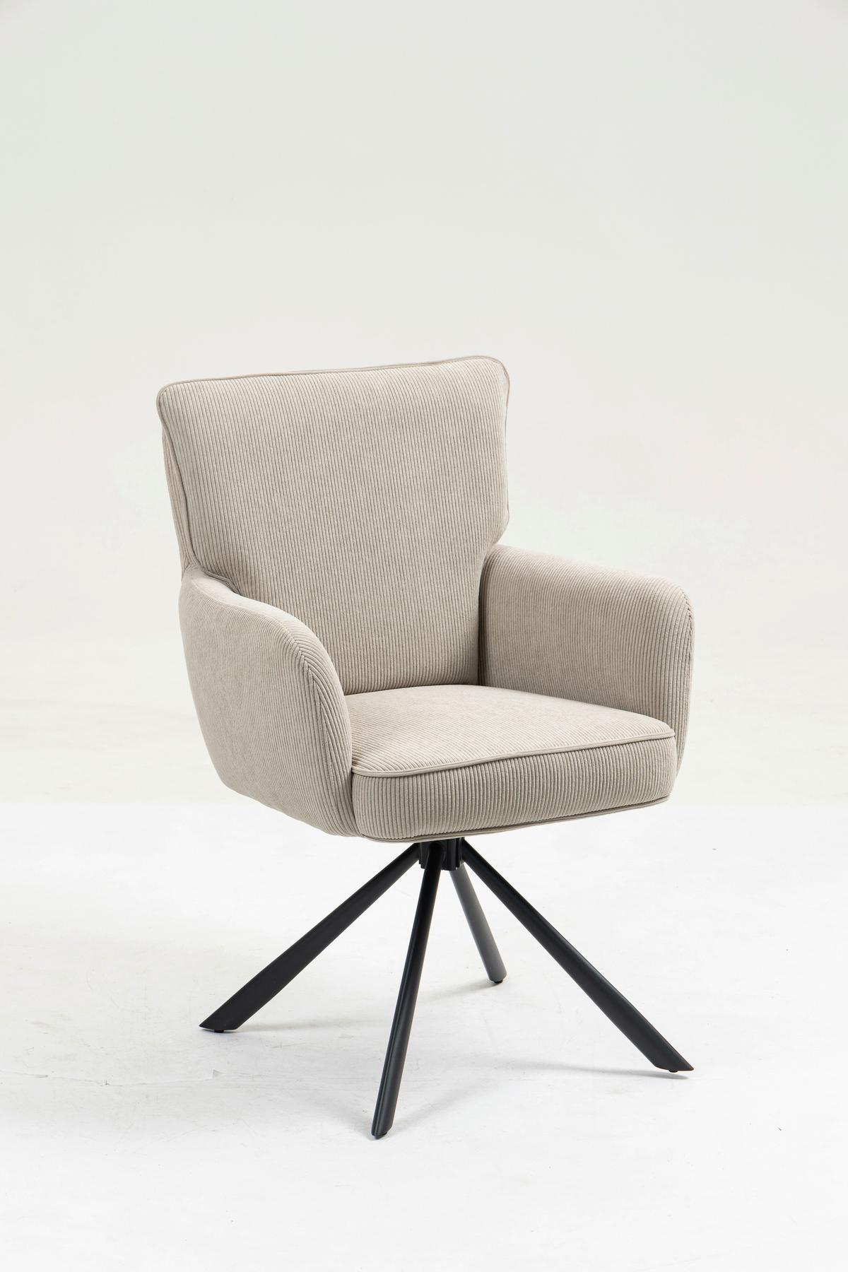 Armlehnstuhl Mila Cord Creme Sitzfl. 180° drehbar, B: 60cm - Beige/Schwarz, KONVENTIONELL, Textil/Metall (60/95/67cm)