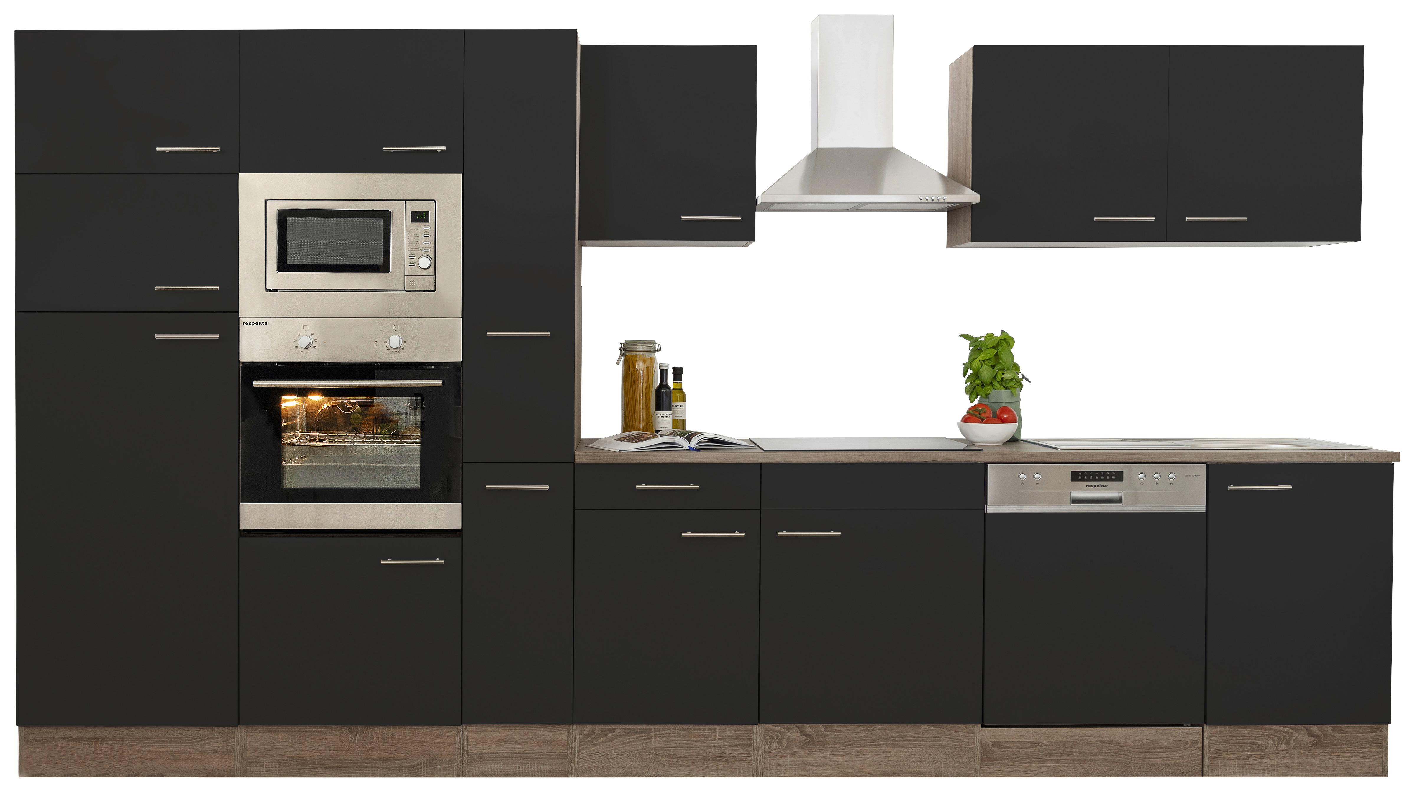 Küchenzeile Mit Geräten B: 370 Cm Schwarz/eiche Dekor - Eichefarben/Schwarz, Design, Holzwerkstoff (370cm) - Respekta