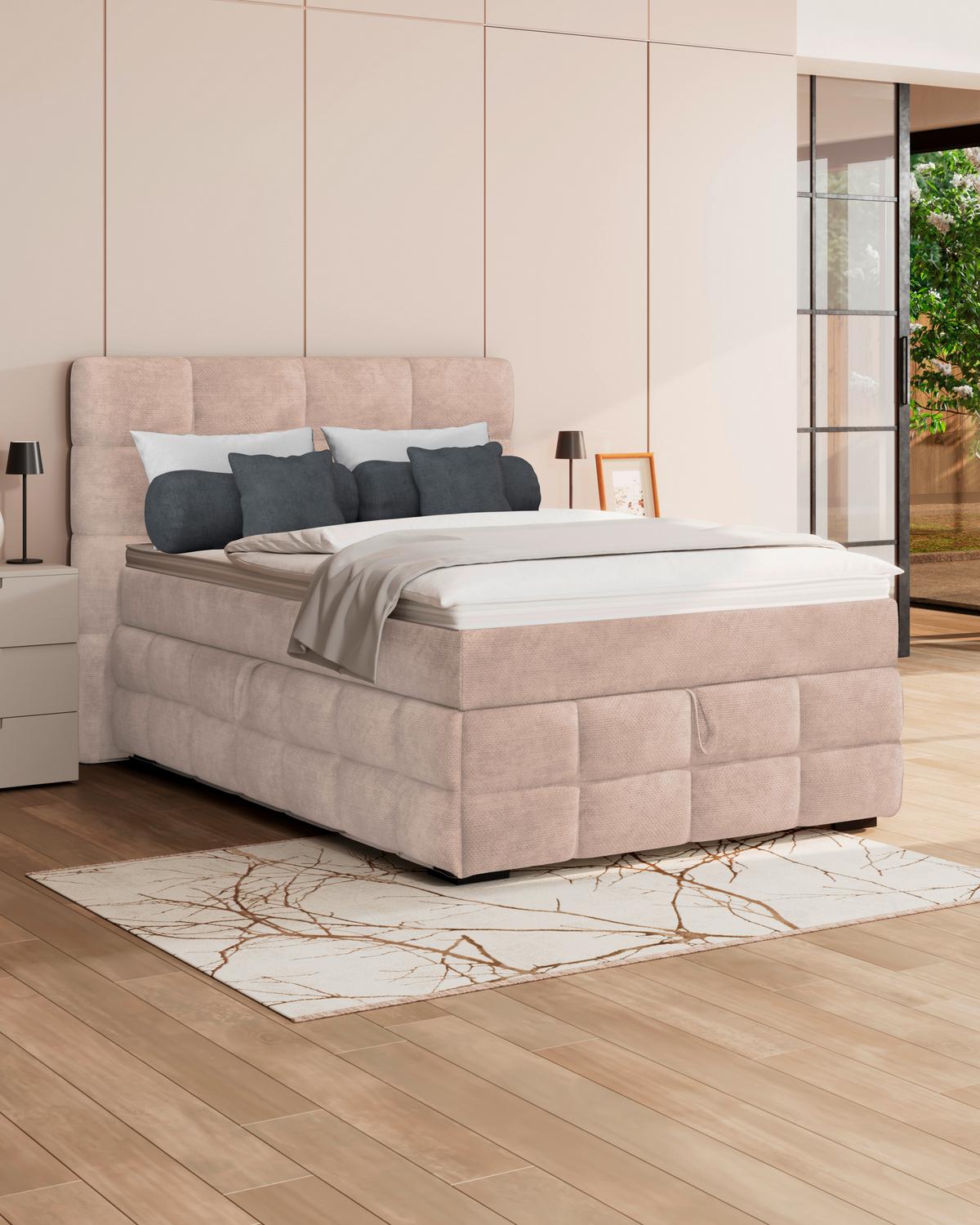 Čalúnená posteľ VEGA 140x200 cm, béžová - čierna/zelená, Trend, drevo/textil (140/200cm)