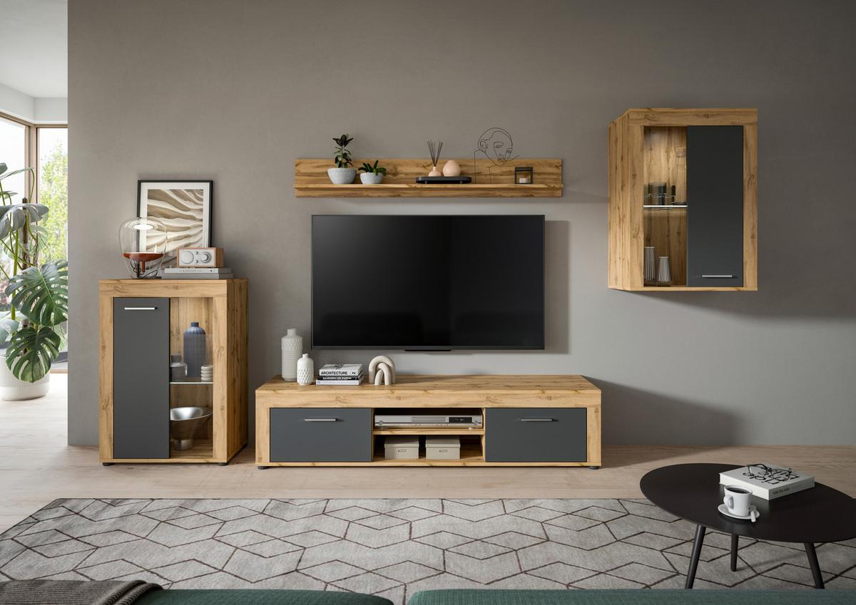 Wohnwand Jam Eiche Wotan Dekor B: 310cm - Eiche Wotan/Schwarz, Design, Glas/Holzwerkstoff (310/169/35cm) - MID.YOU