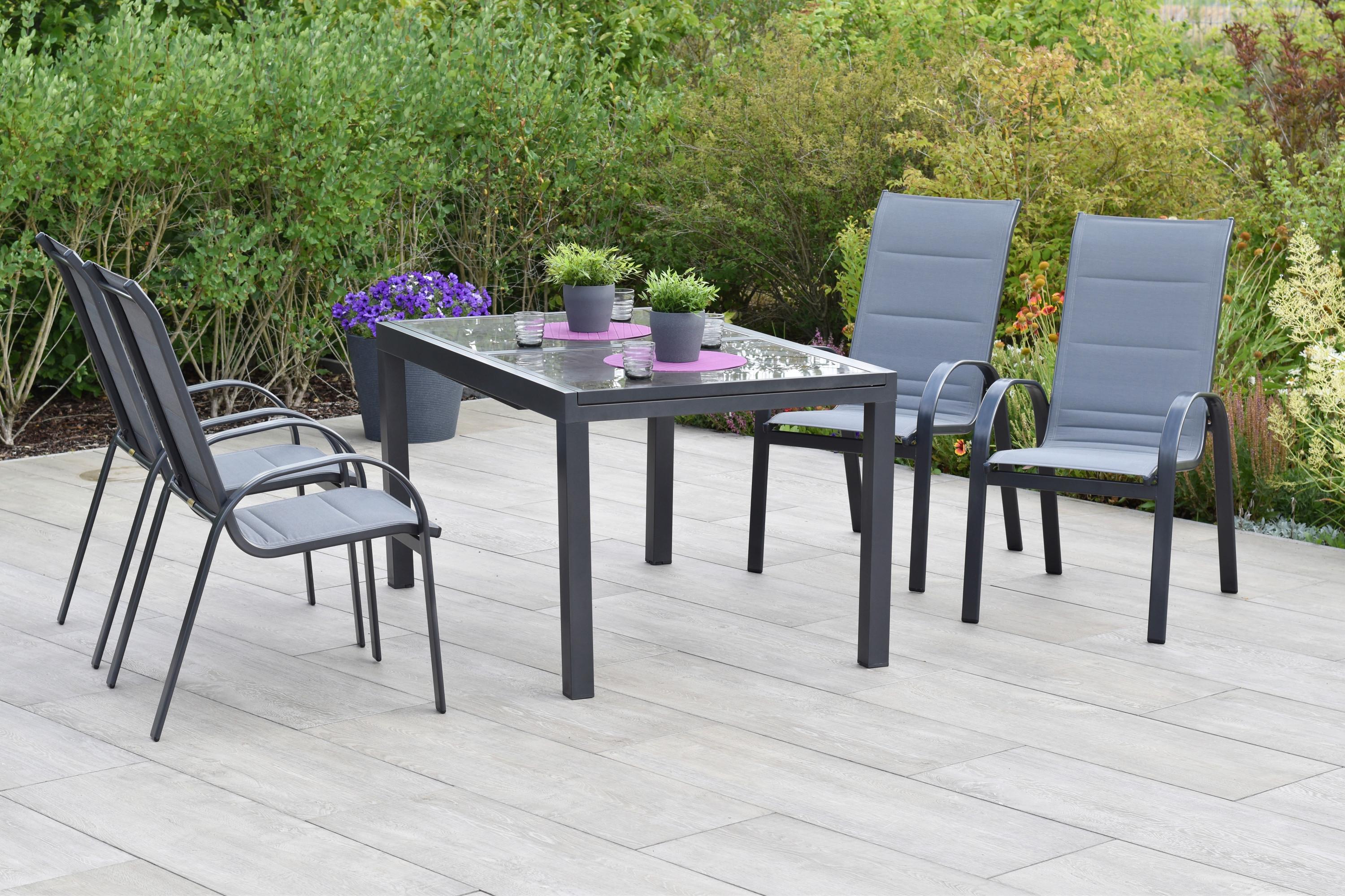 Gartentischgruppe Amalfi 5 -Teilig. Graphitfarben/Grau - Graphitfarben/Braun, KONVENTIONELL, Glas/Textil - Gardenson