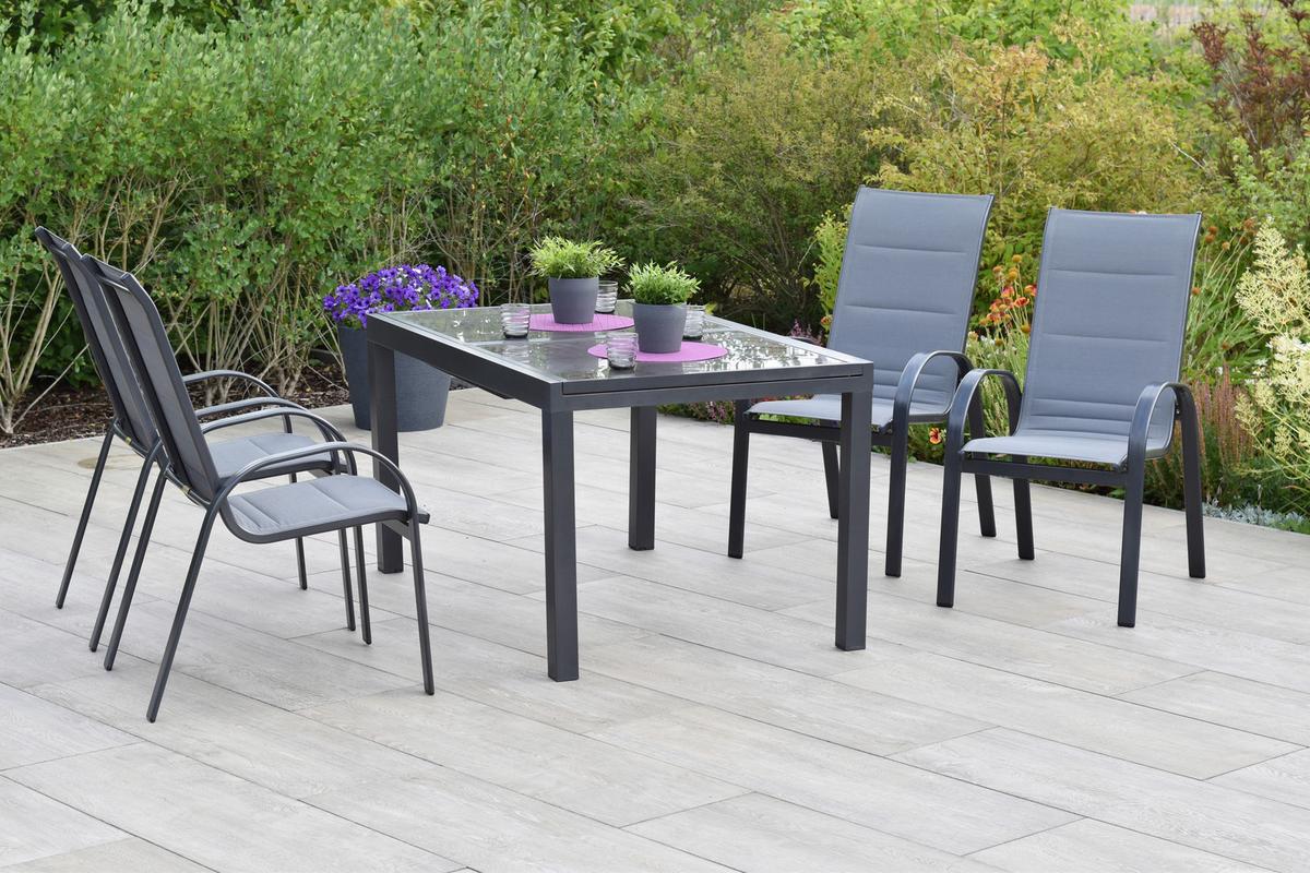 Gartentischgruppe Amalfi 5 -Teilig. Graphitfarben/Grau - Graphitfarben/Braun, KONVENTIONELL, Glas/Textil - Gardenson