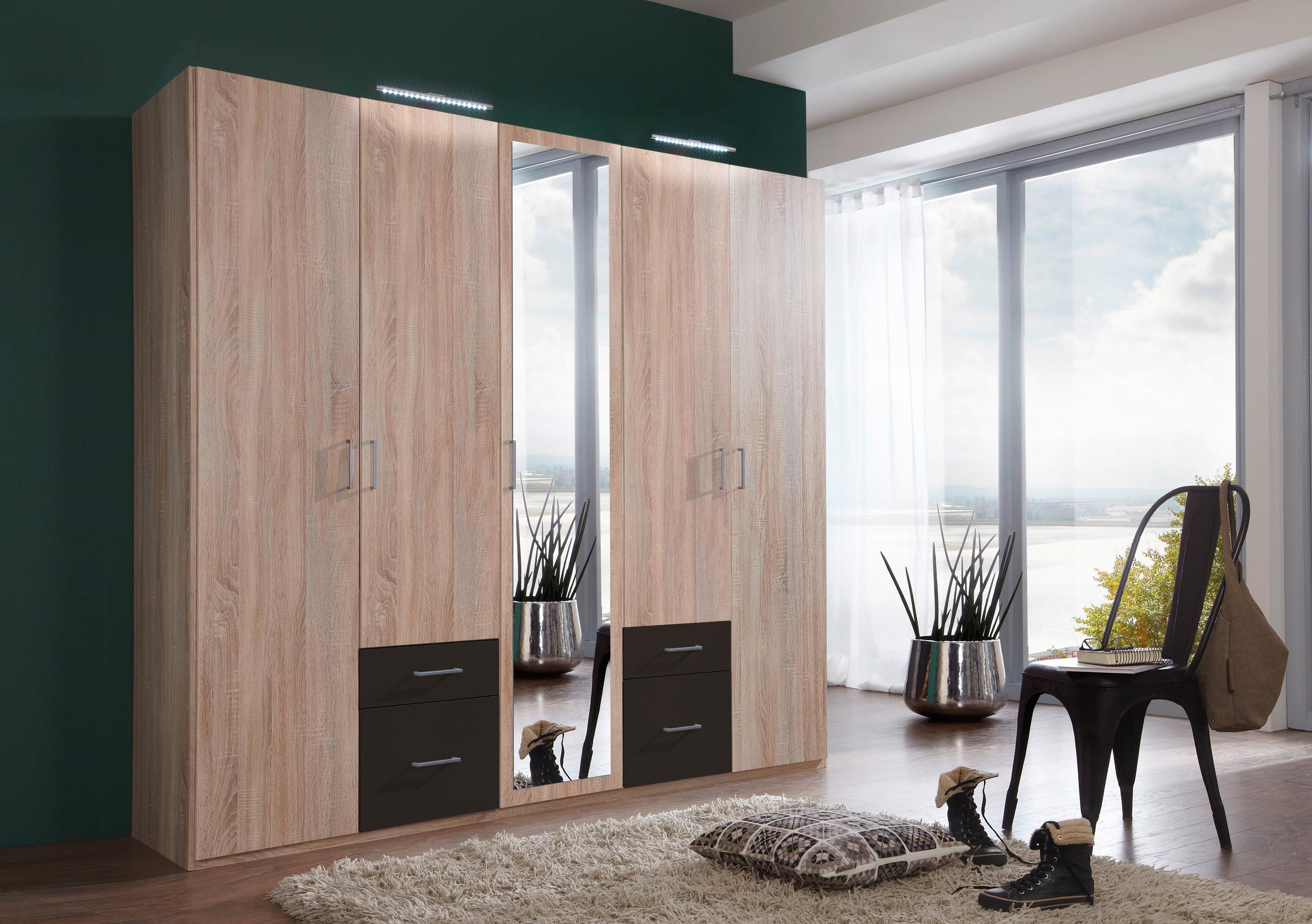 Drehtürenschrank Mit Spiegel + Laden 225cm Fly, Eiche/Graphit - Eichefarben/Graphitfarben, Design, Glas/Holzwerkstoff (225/210/58cm) - MID.YOU