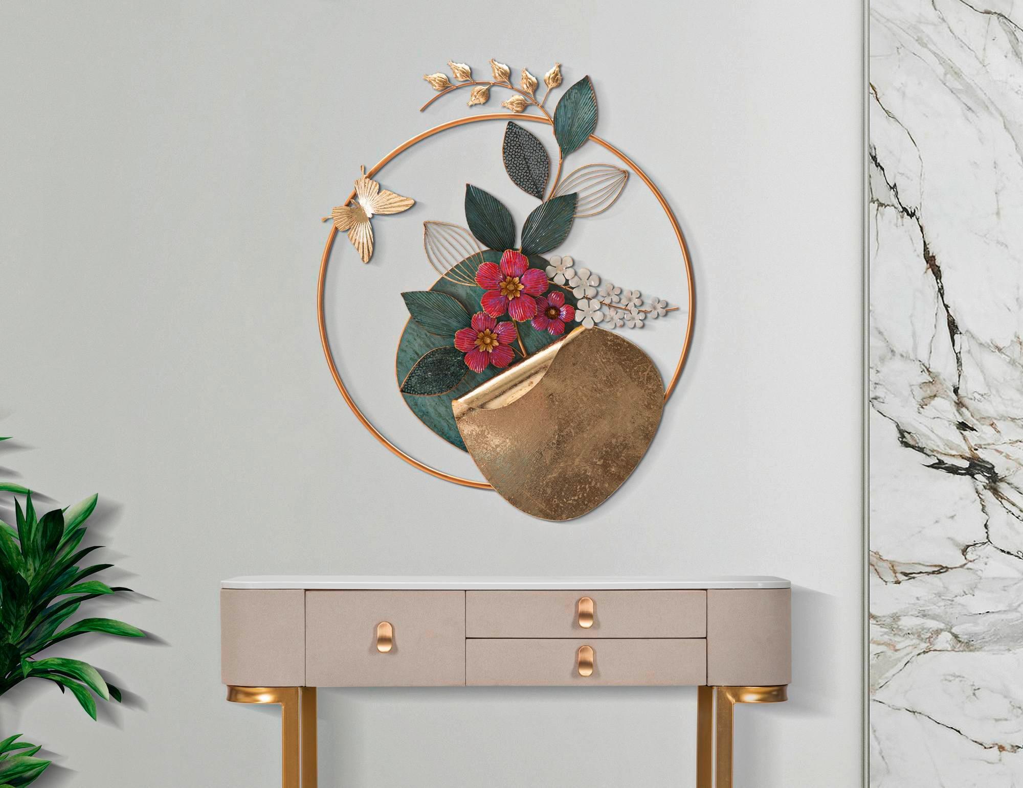 Wanddeko Gard Gold/grün/weiß/rosa B: 67 Cm - Goldfarben/Rosa, Basics, Metall (67/74/8cm)