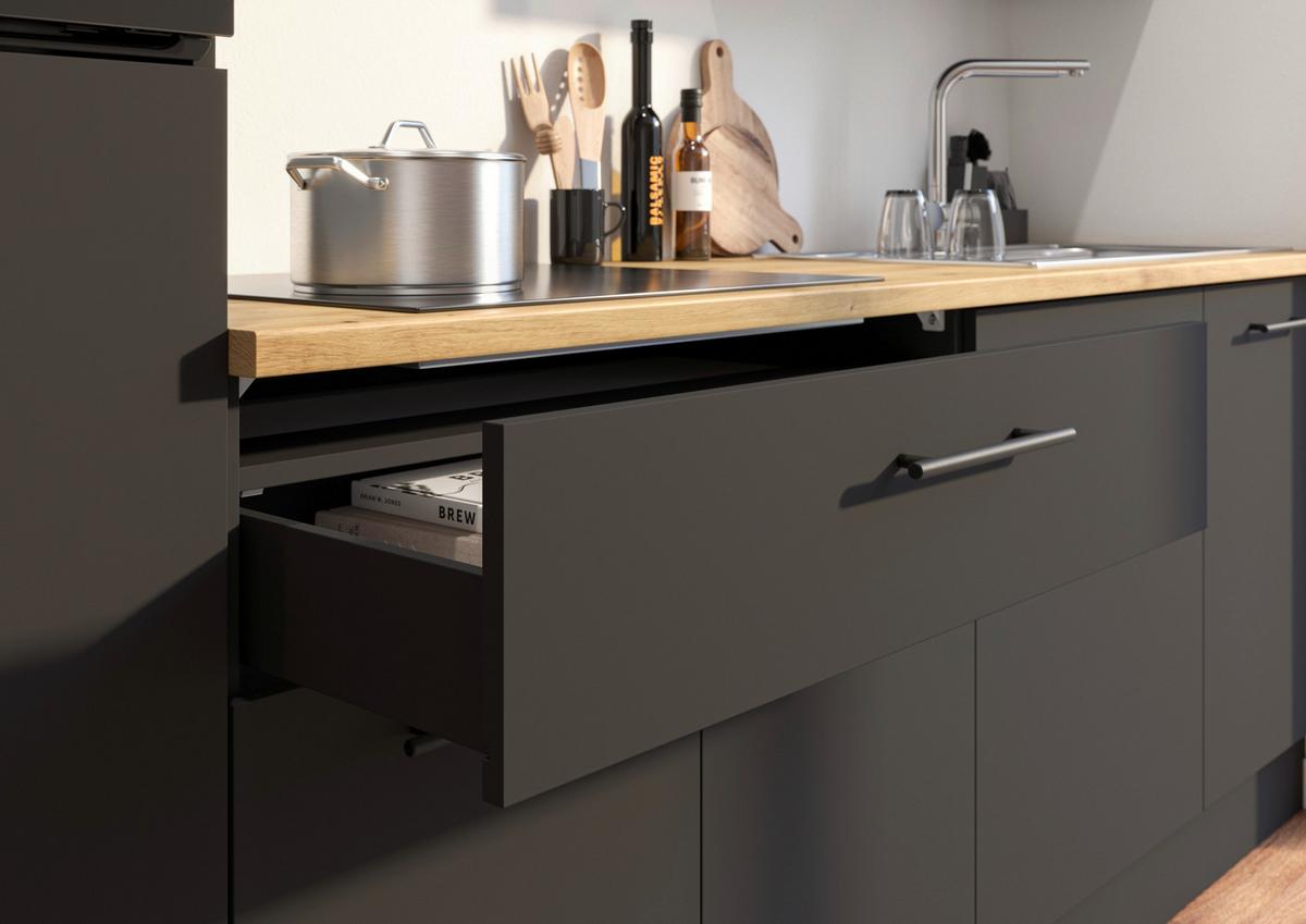 Küchenblock Berlin Schwarz/Eiche Dekor B: 260 cm - Schwarz/Eiche Artisan, Design, Holzwerkstoff (260cm) - MID.YOU