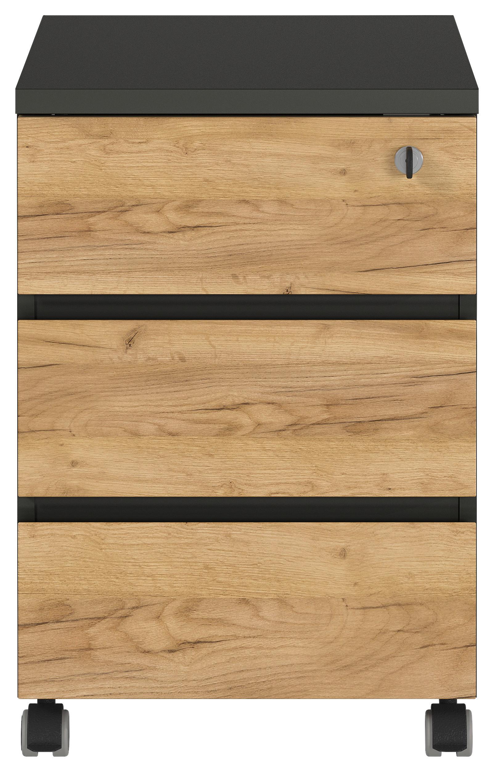 Rollcontainer Eiche Dekor Graphit Lissabon 41x60x50cm - Eichefarben/Graphitfarben, MODERN, Holzwerkstoff/Kunststoff (41/60/50cm) - Germania