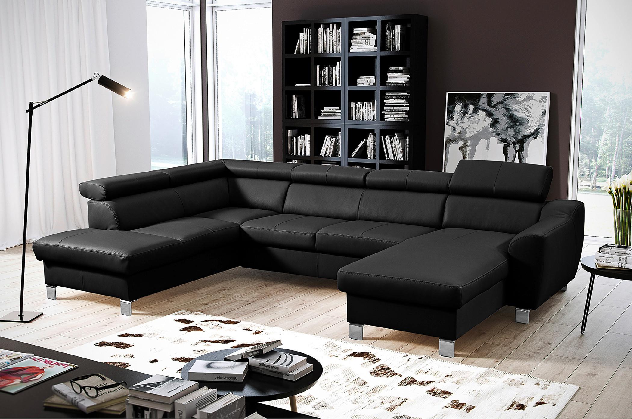 Wohnlandschaft Aspen Schwarz U-Form: 208 Cm - Chromfarben/Schwarz, Design, Leder/Textil (208/315/175cm) - Livetastic