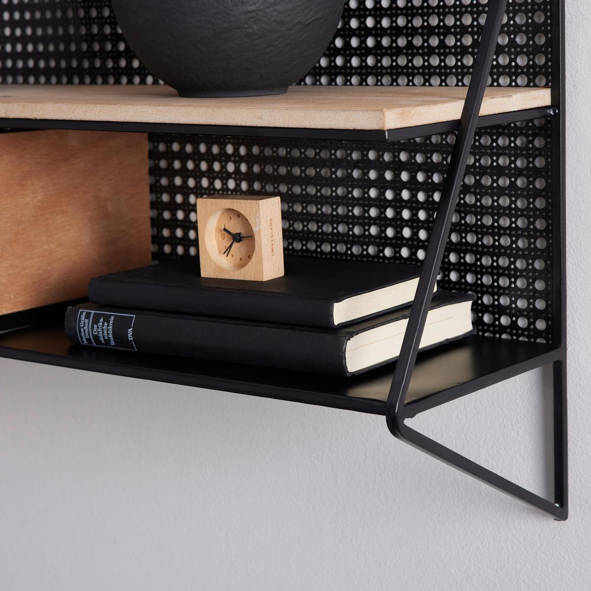 Nastěnný regál LELIA - černá/přírodní barvy, Moderní, kov/dřevo (60/43/20cm) - Bessagi Home