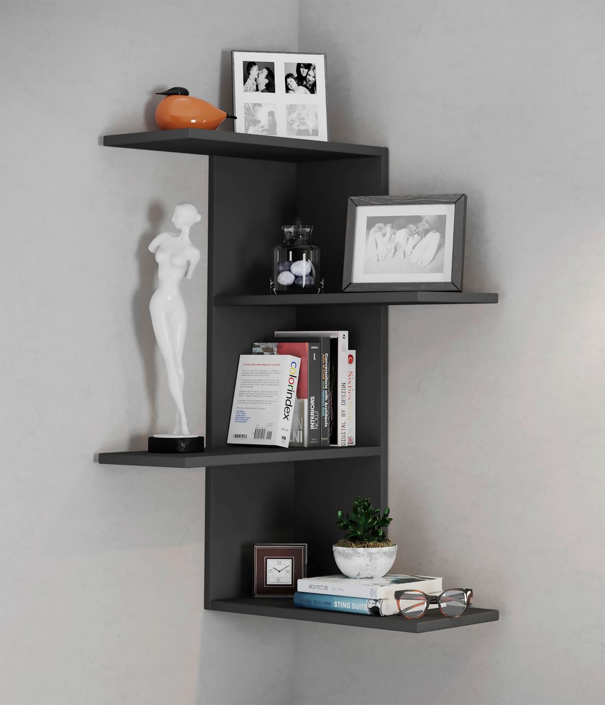 Nástenný regál BALOS čierny - čierna, Modern, kompozitné drevo (45/77/45cm) - MID.YOU
