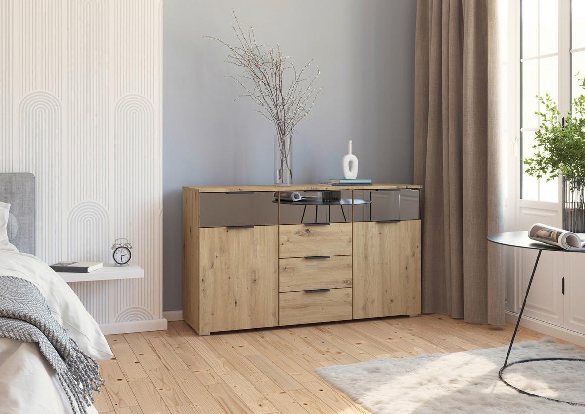 Sideboard Skyla Eiche Artisan Dek. Grauspiegel - Alufarben/Eiche Artisan, MODERN, Glas/Holzwerkstoff (140/81/42cm) - Rauch Möbel