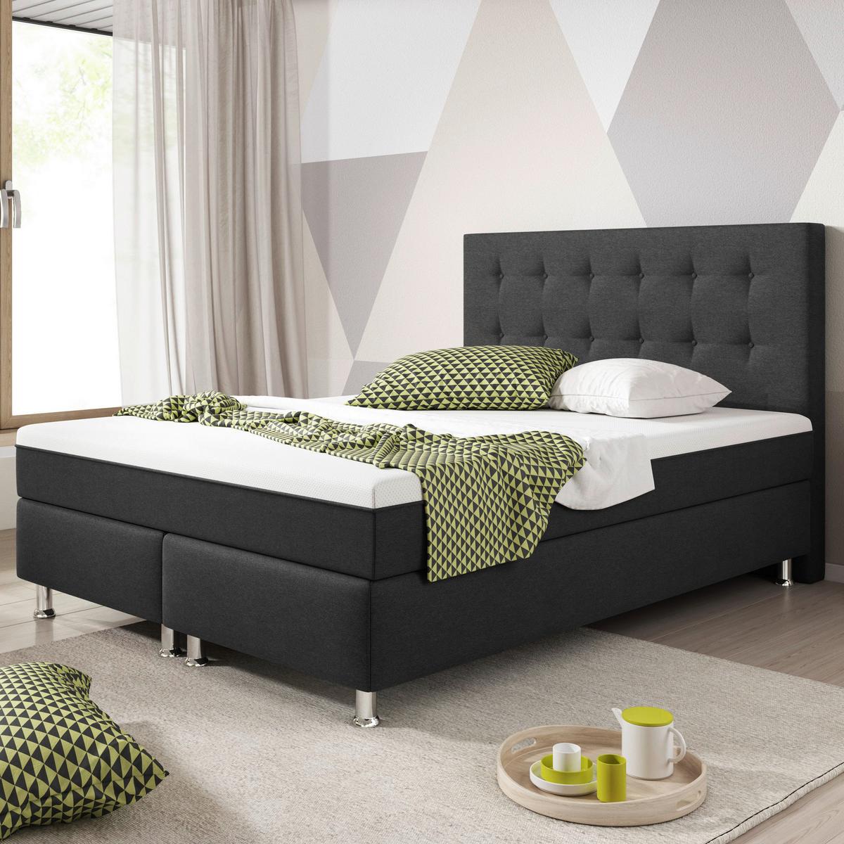Boxspringbett Köln Plus-F - Anthrazit/Silberfarben, KONVENTIONELL, Textil (140/115/210cm) - MID.YOU