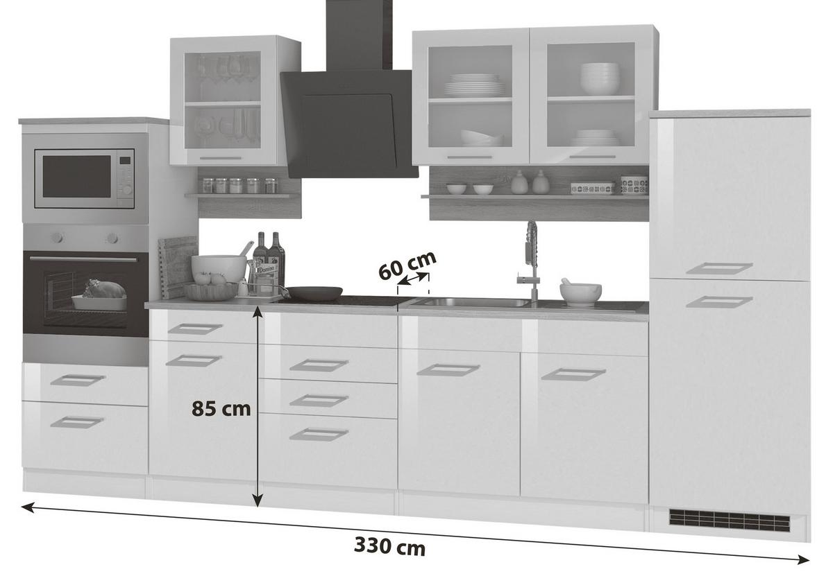 Küchenzeile Mailand Mit Geräten 330 Cm Weiß Hochglanz - Eichefarben/Weiß Hochglanz, MODERN, Holzwerkstoff (330cm) - Held