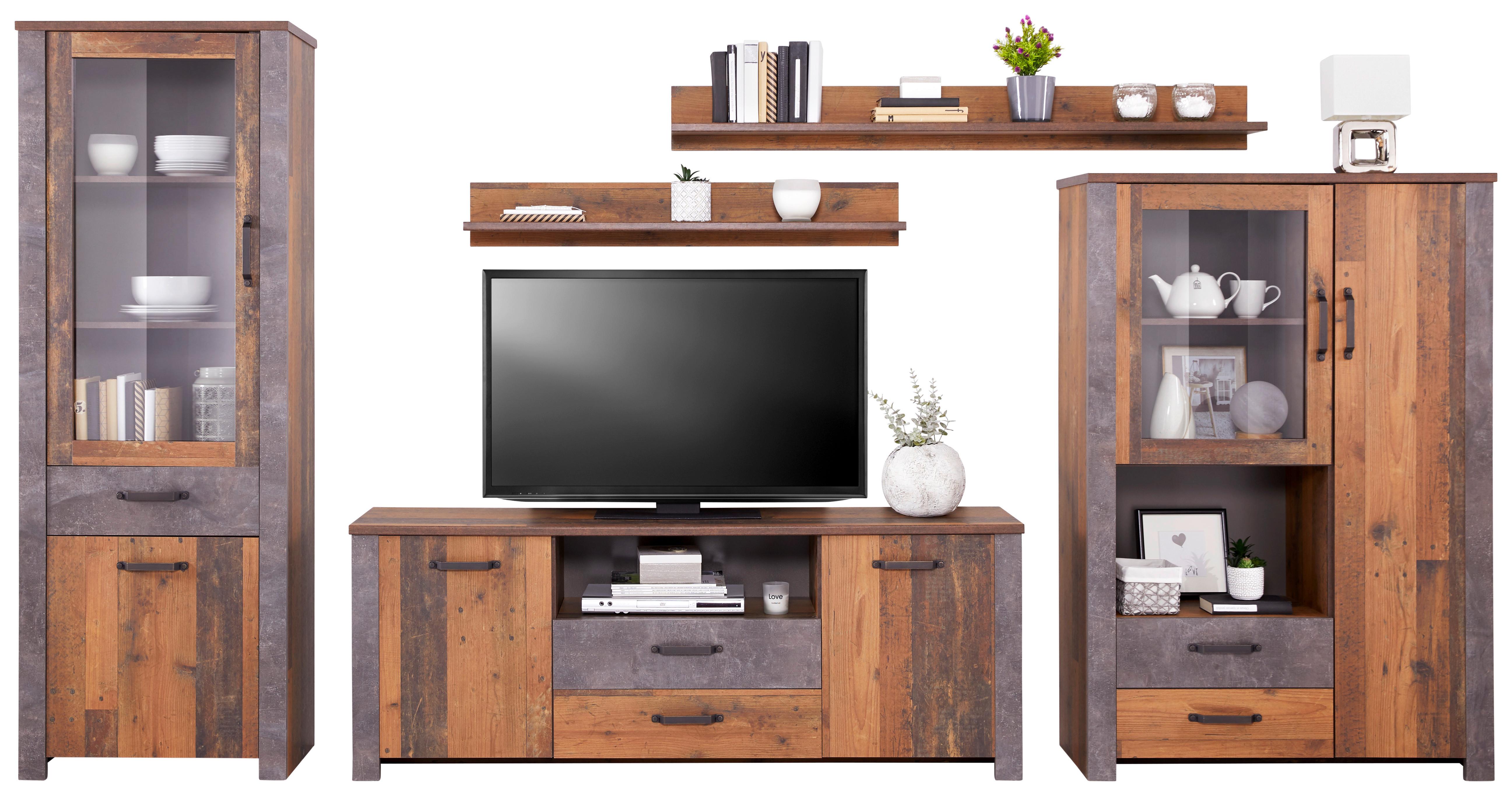 Wohnkombination 5 Tlg. Ontario, Old Style/betonoptik - Eichefarben/Dunkelgrau, Trend, Glas/Holzwerkstoff (352,4/200/41,5cm) - Ondega