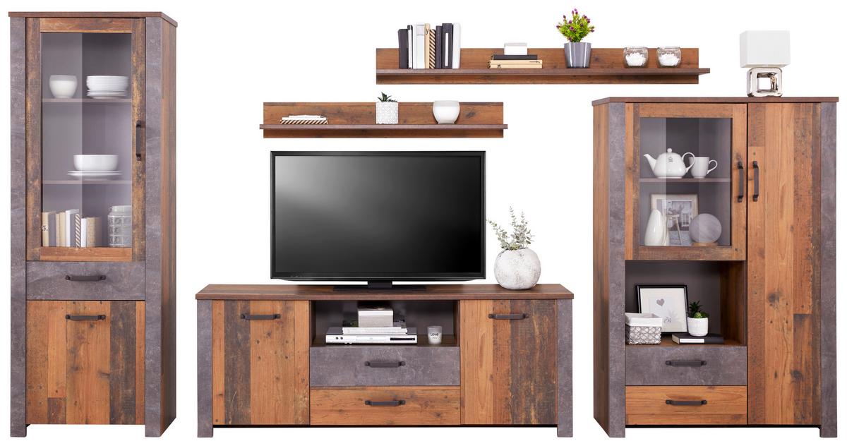 Wohnkombination 5 -teilig. Ontario, Old Style/betonoptik - Eichefarben/Dunkelgrau, Trend, Glas/Holzwerkstoff (352,4/200/41,5cm) - Ondega