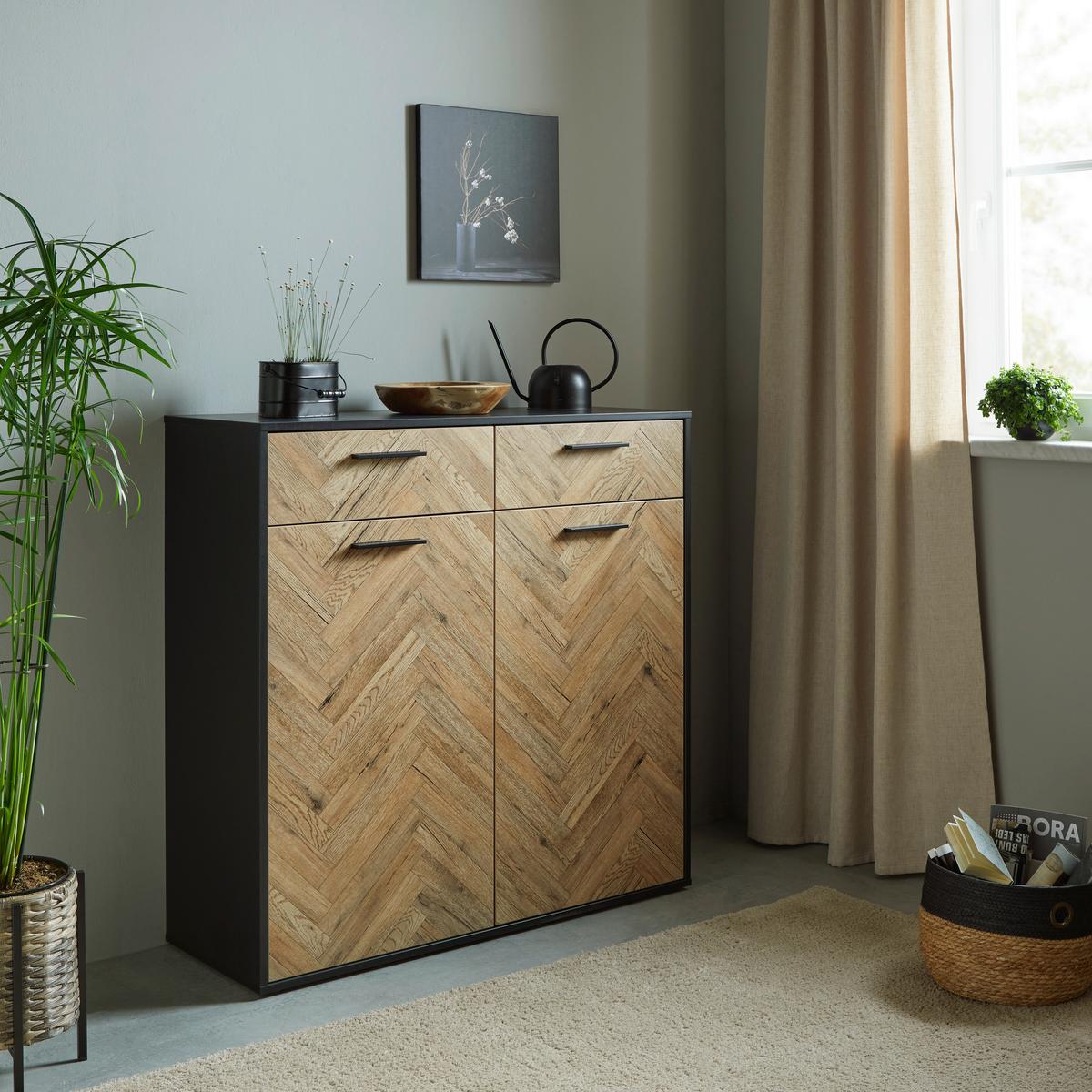 Kommode 110 Cm Hamburg, Eiche Dekor - Eichefarben/Schwarz, MODERN, Holzwerkstoff (110cm)