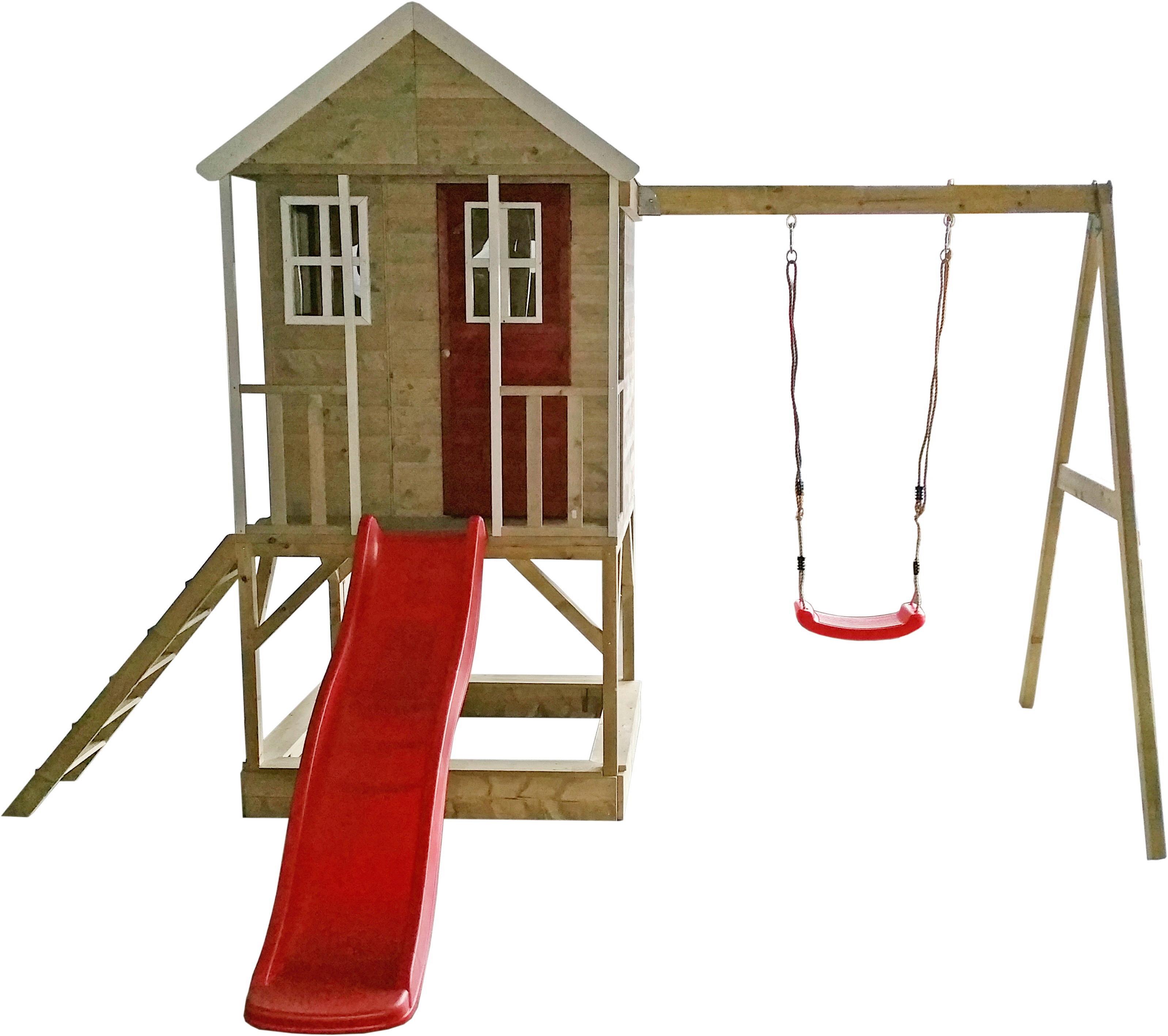 Spielhaus Alpaka Naturfarben/Rot, B: 350 cm - Rot/Naturfarben, KONVENTIONELL, Holz (350/242/290cm)