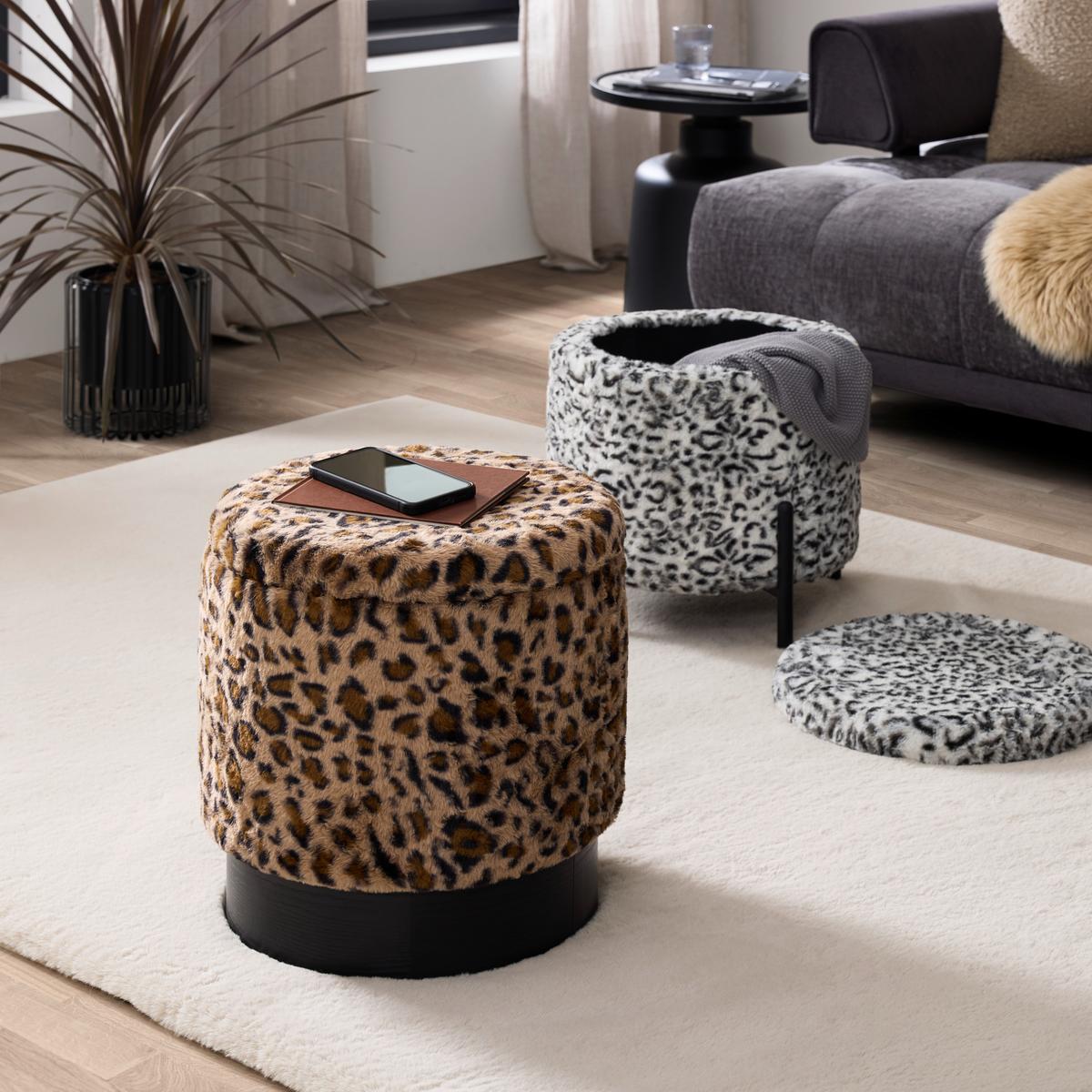 Leopardia taburetka LEO, biela/čierna umelá kožušina - čierna/biela, Lifestyle, kov/kompozitné drevo (38/43/38cm) - Mömax