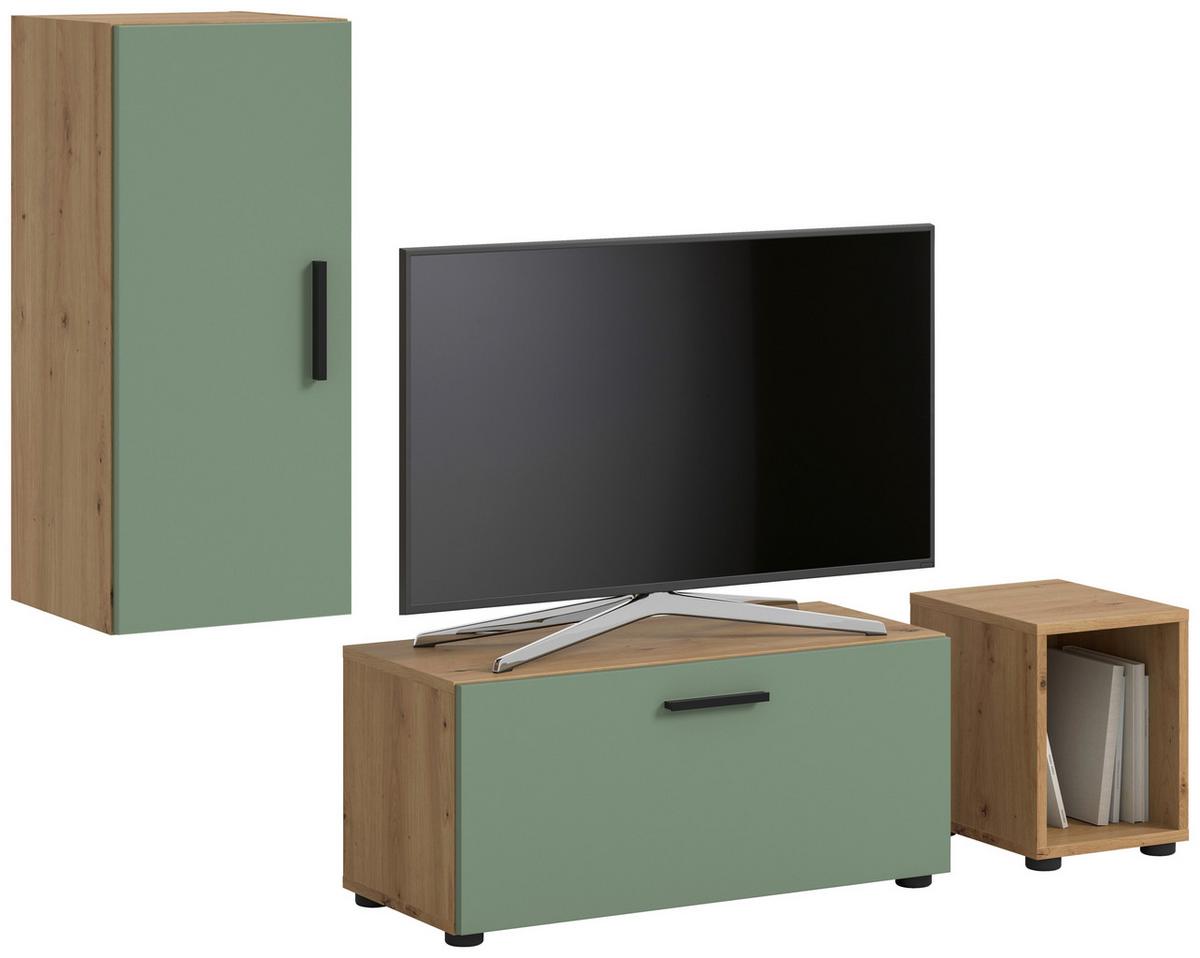 Wohwand, The One Olivgrün/artisan Eiche Dekor - Schwarz/Olivgrün, Trend, Holzwerkstoff (75/32/32/77/33cm)