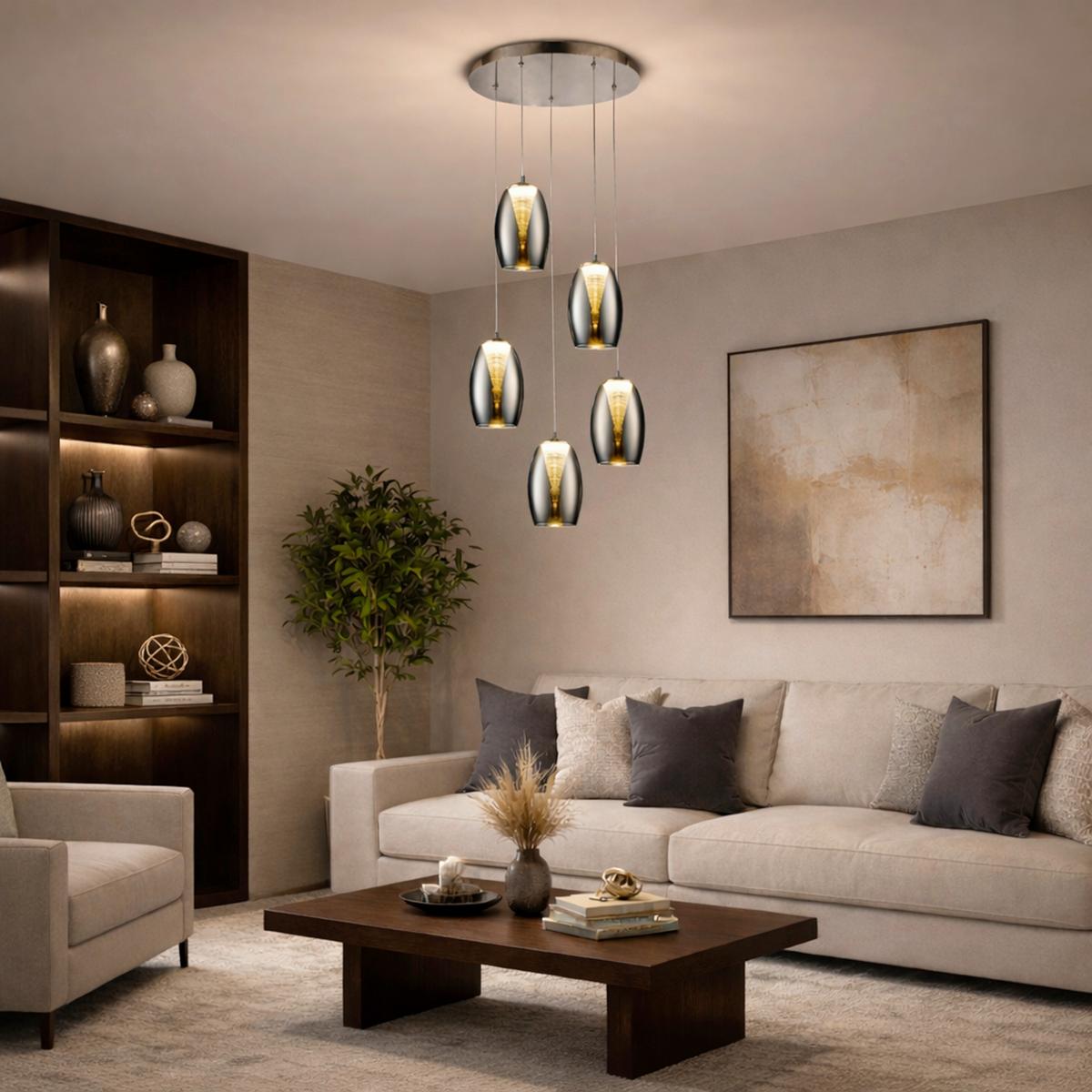 LED-Hängeleuchte Metropolis H: 180 cm 5-Flammig dimmbar - Chromfarben, Design, Glas/Metall (33/180cm) - Brilliant
