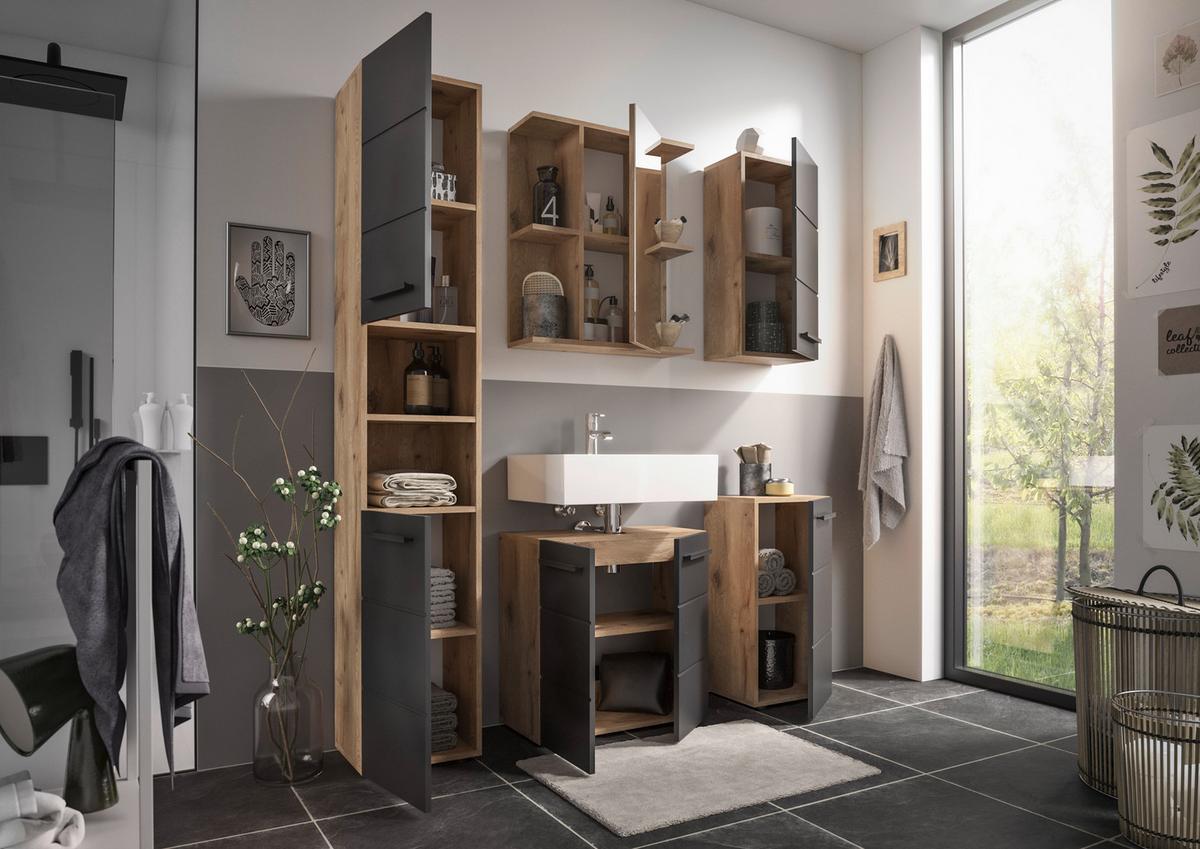 Waschbeckenunterschrank Vista B: 60 cm Eiche Dekor/Schwarz - Eichefarben/Schwarz, Basics, Holzwerkstoff (60/62/31cm) - MID.YOU