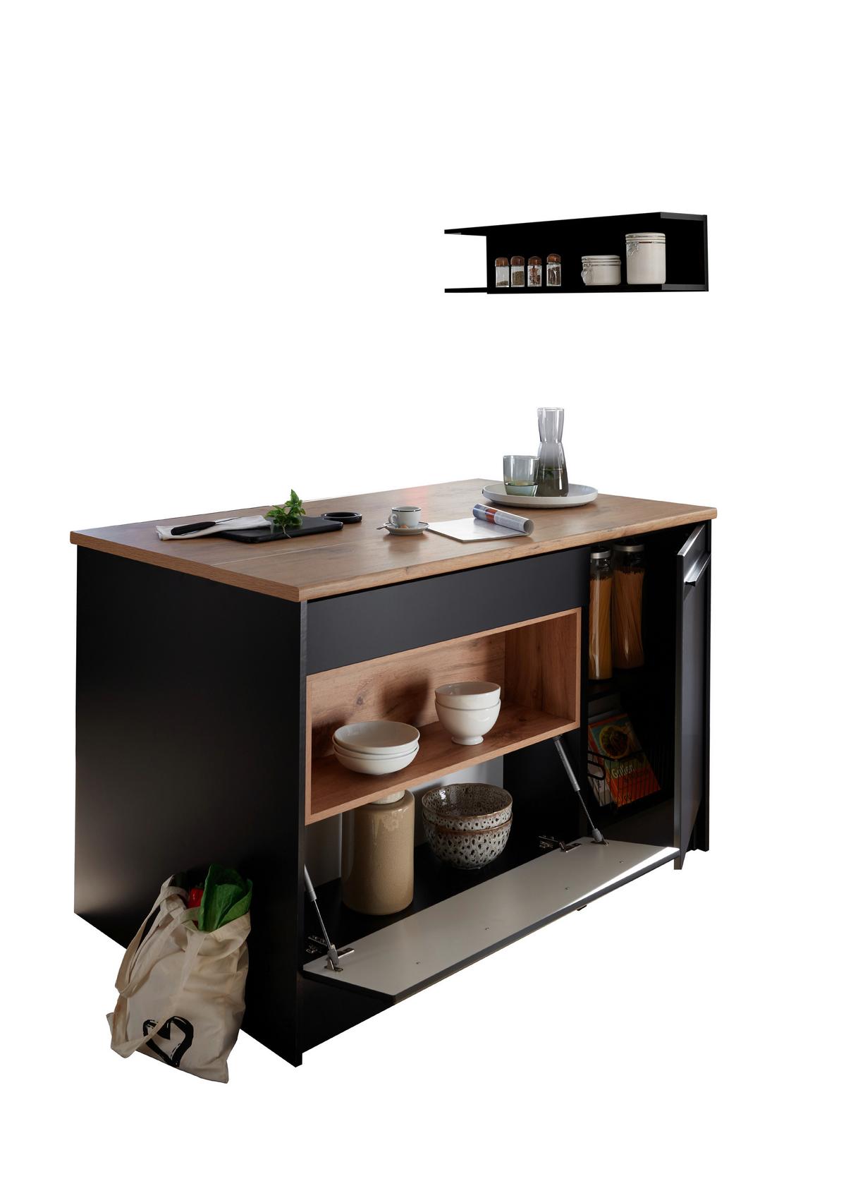 Kuchynský ostrovček JACQUELINE, šírka 145 cm - čierna/farba duba, Konventionell, kompozitné drevo/plast (145/90/90cm) - MID.YOU