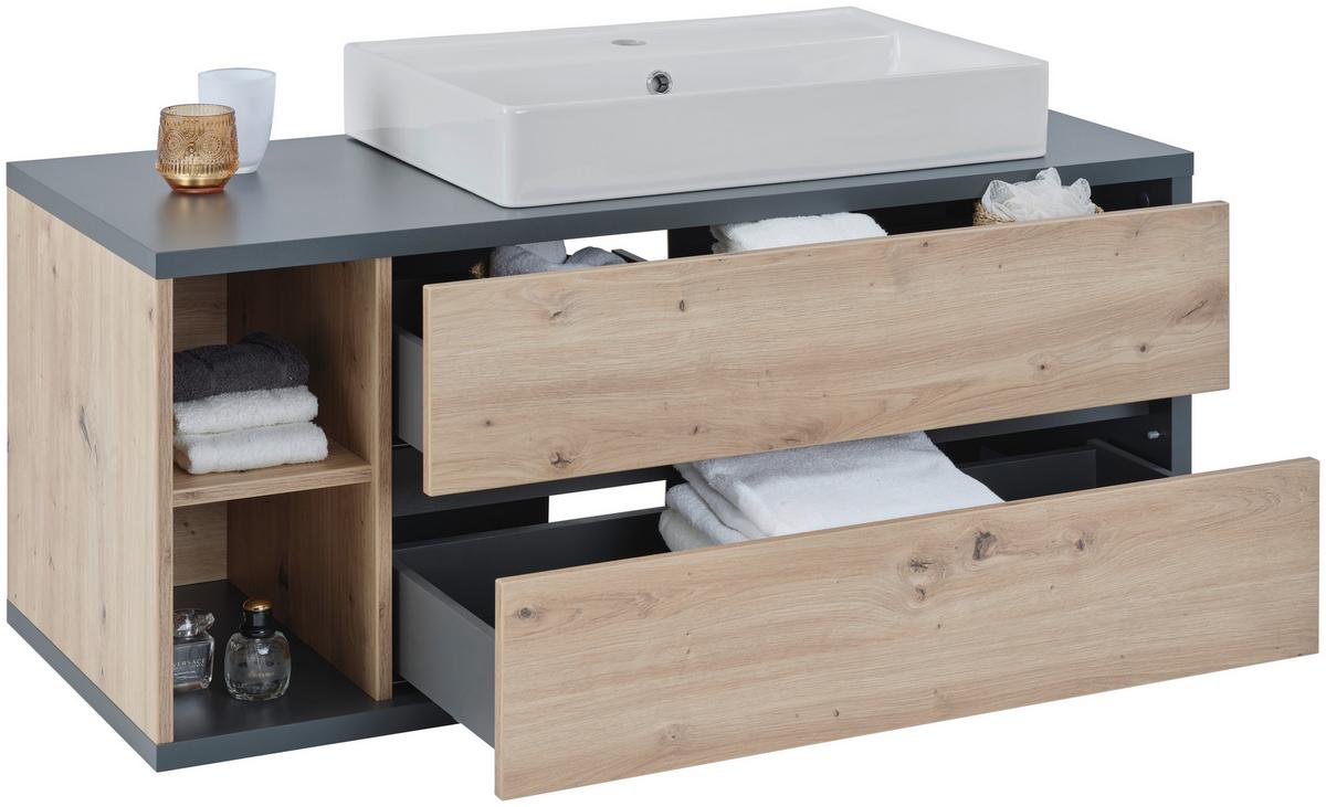 Waschbeckenunterschrank Camillo B: 110 Cm, Eichefarben - Weiß Hochglanz/Anthrazit, MODERN, Keramik/Holzwerkstoff (110/48/46cm)