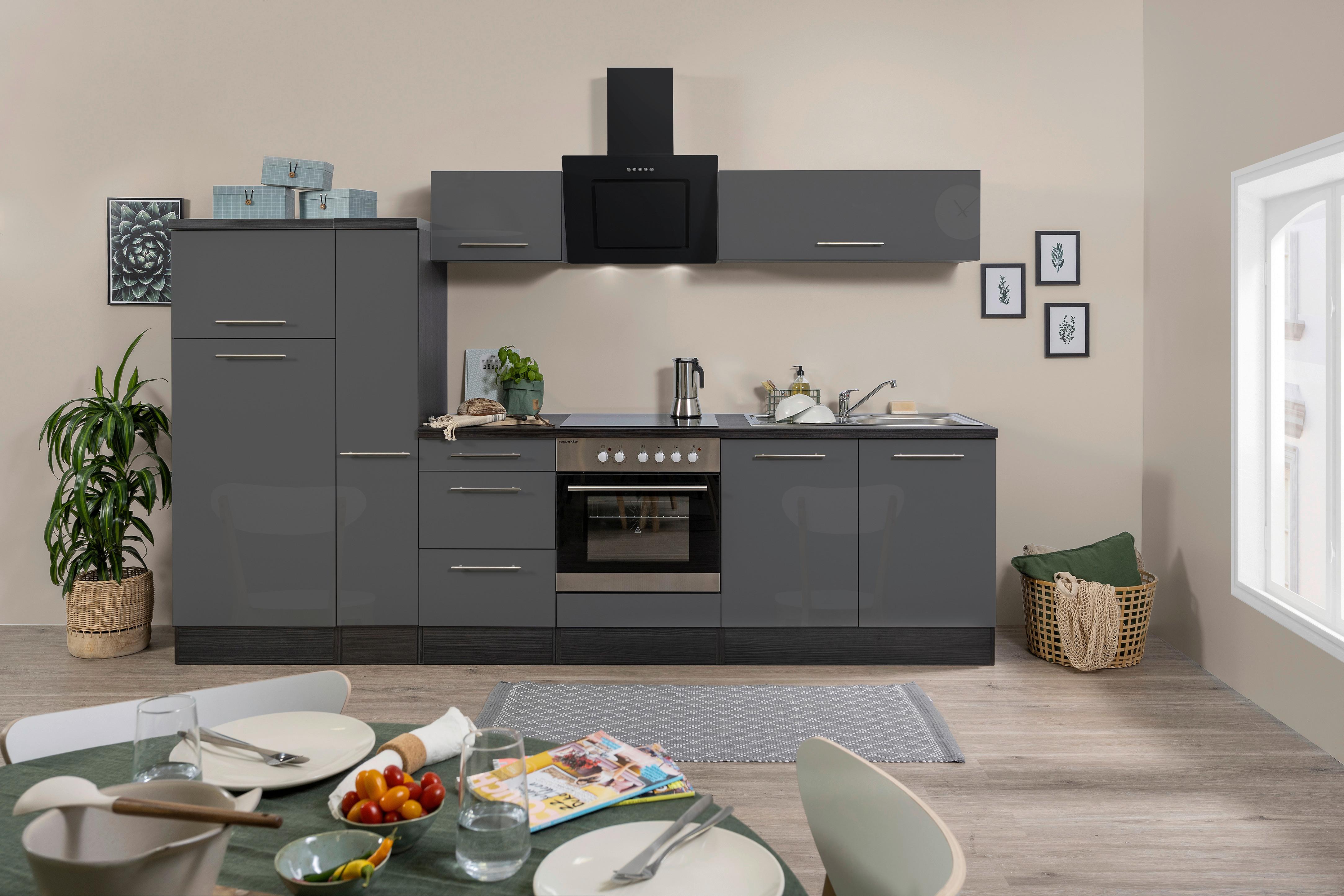 Küchenzeile mit Geräten 300 cm Grau - Eichefarben/Grau, Basics, Holzwerkstoff (300cm) - Respekta