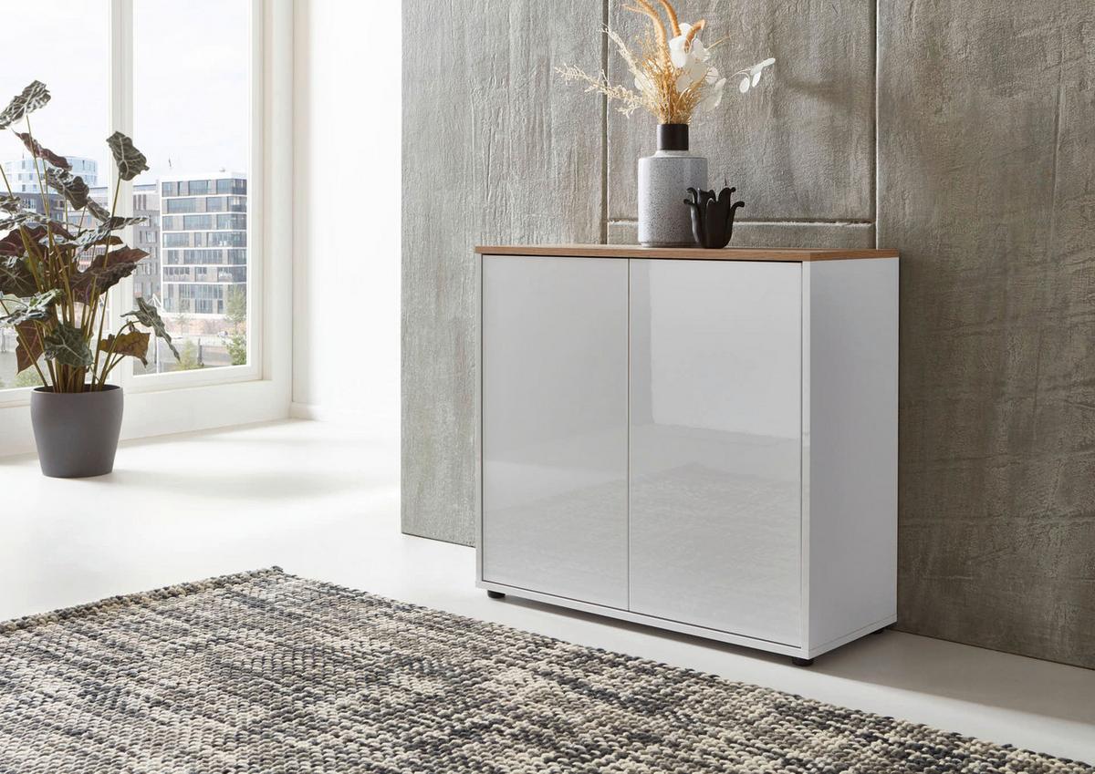 Sideboard Mailand Weiß/Eiche Artisan B: 185 cm - Weiß Hochglanz/Schwarz, MODERN, Holzwerkstoff (185/73/33cm) - MID.YOU