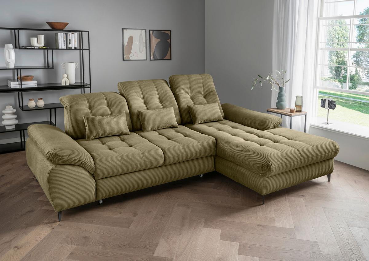 Eckschlafsofa Delphino Goldfarben S: 273x189 cm - Schwarz/Olivgrün, MODERN, Textil (273/189cm) - Livetastic