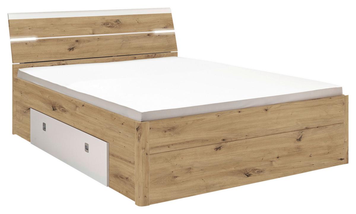 Stauraumbett Mit Beleuchtung 160x200 Cm Mars Eiche Dekor - Schwarz/Weiß, KONVENTIONELL, Holzwerkstoff (160/200cm) - MID.YOU