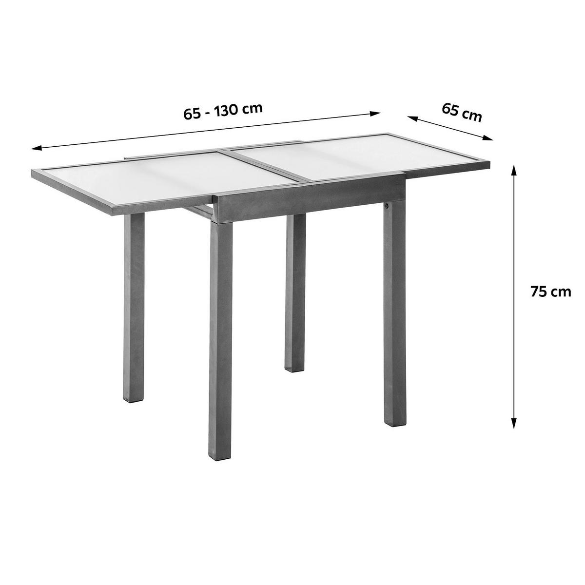 Gartentisch ausziehbar Metall/Glas L: 65 - 130 cm - Graphitfarben, KONVENTIONELL, Glas/Metall (65/65/75cm) - Gardenson