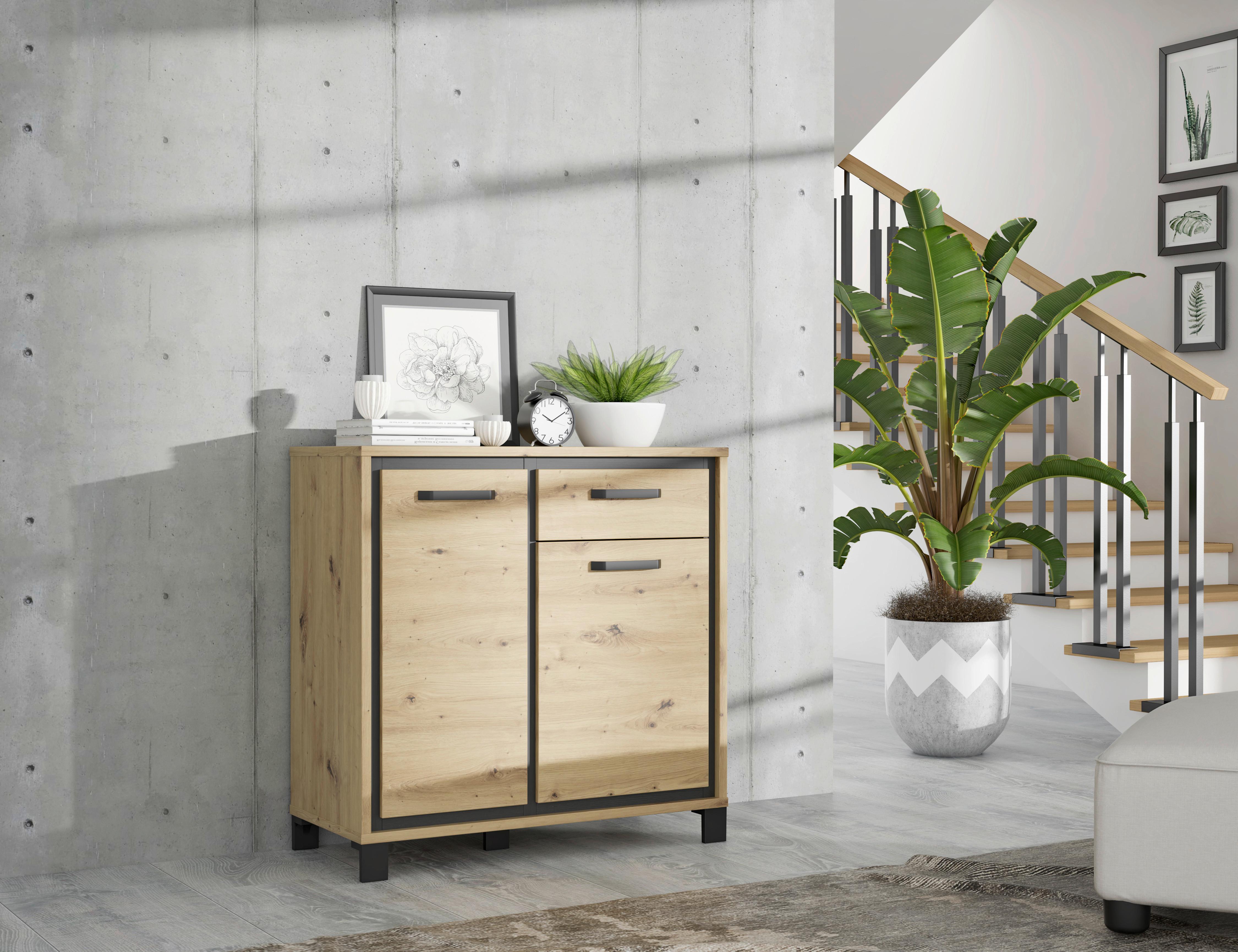 Kommode B 91,4 cm Trondheim, Eiche Dekor/Schwarz - Eichefarben/Schwarz, MODERN, Holzwerkstoff/Kunststoff (91,4/91,2/41,5cm) - MID.YOU