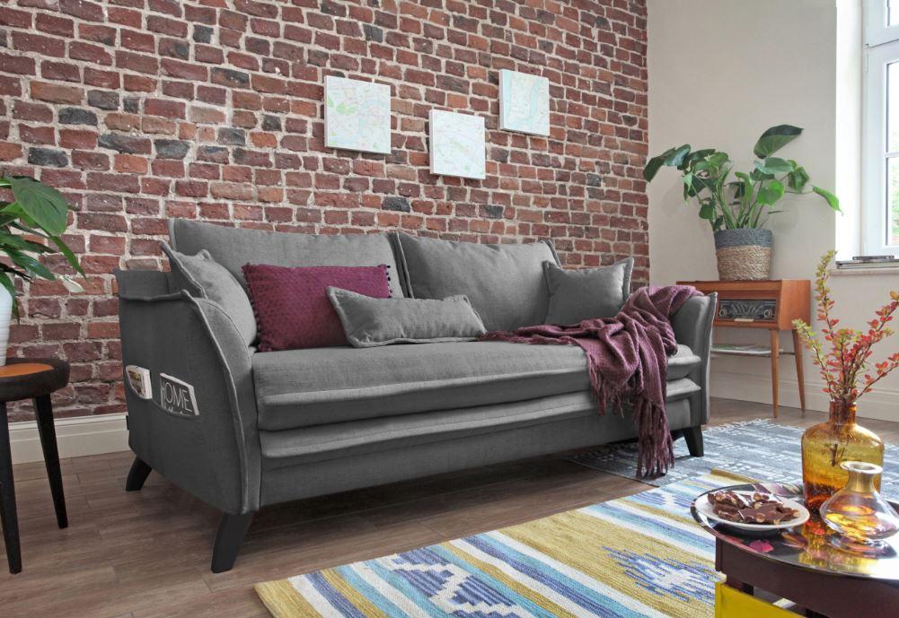 Dreisitzer-Sofa mit Kissen Charming Charlie, Webstoff - Hellgrau/Schwarz, Basics, Textil (180/85/90cm) - MID.YOU