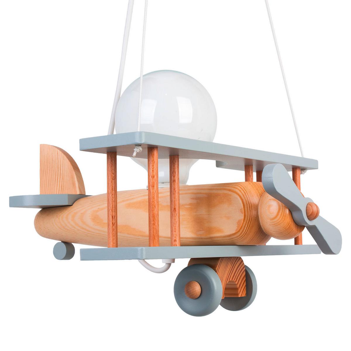 Kinderhängeleuchte Flugzeug H: 75 cm 1-Flammig - Naturfarben/Grau, Basics, Holz (29/31/75cm)