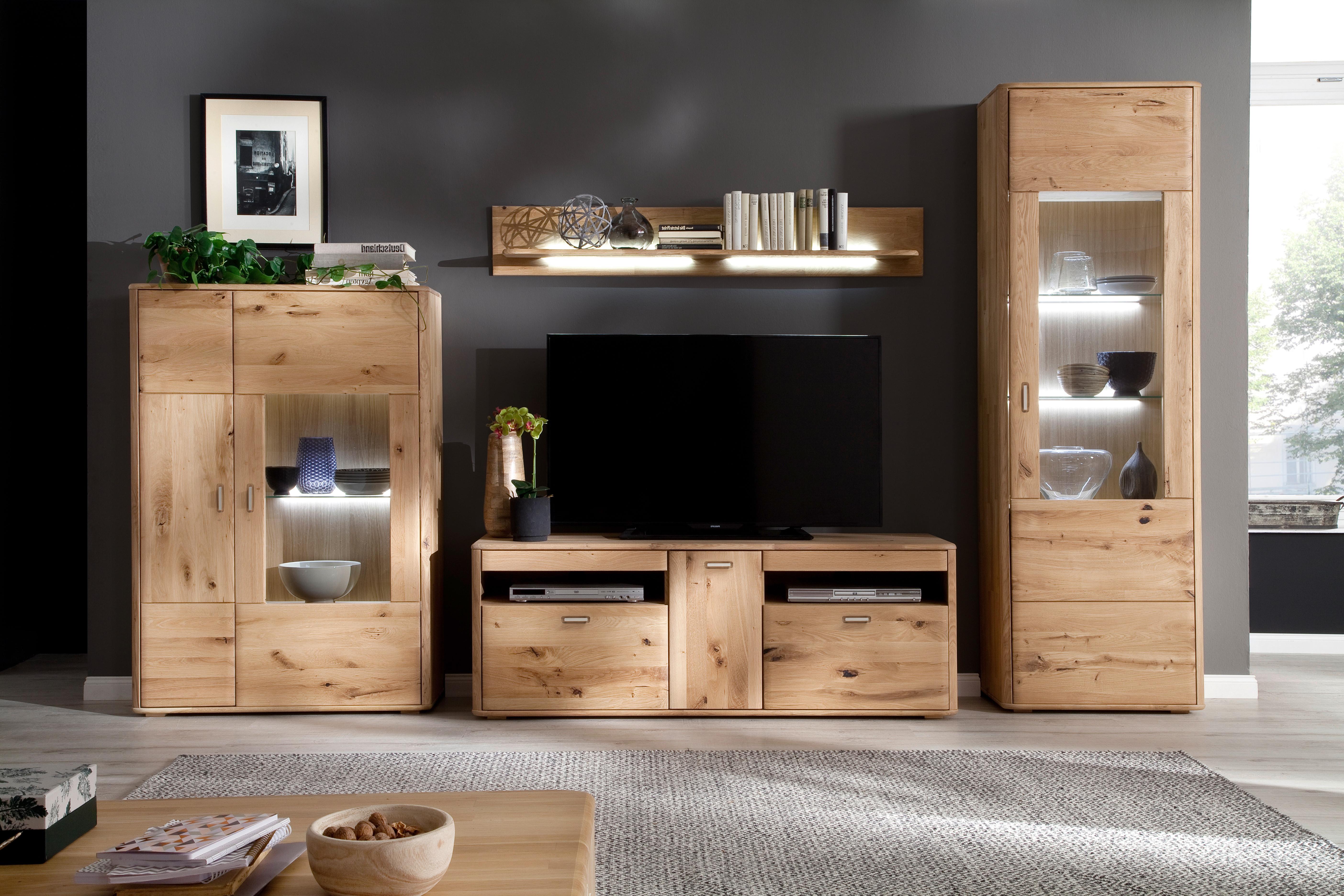 Wohnkombination Massiv 4-Tlg. Ravello Eichefarben - Eichefarben, Design, Glas/Holz (339/208/50cm) - Livetastic