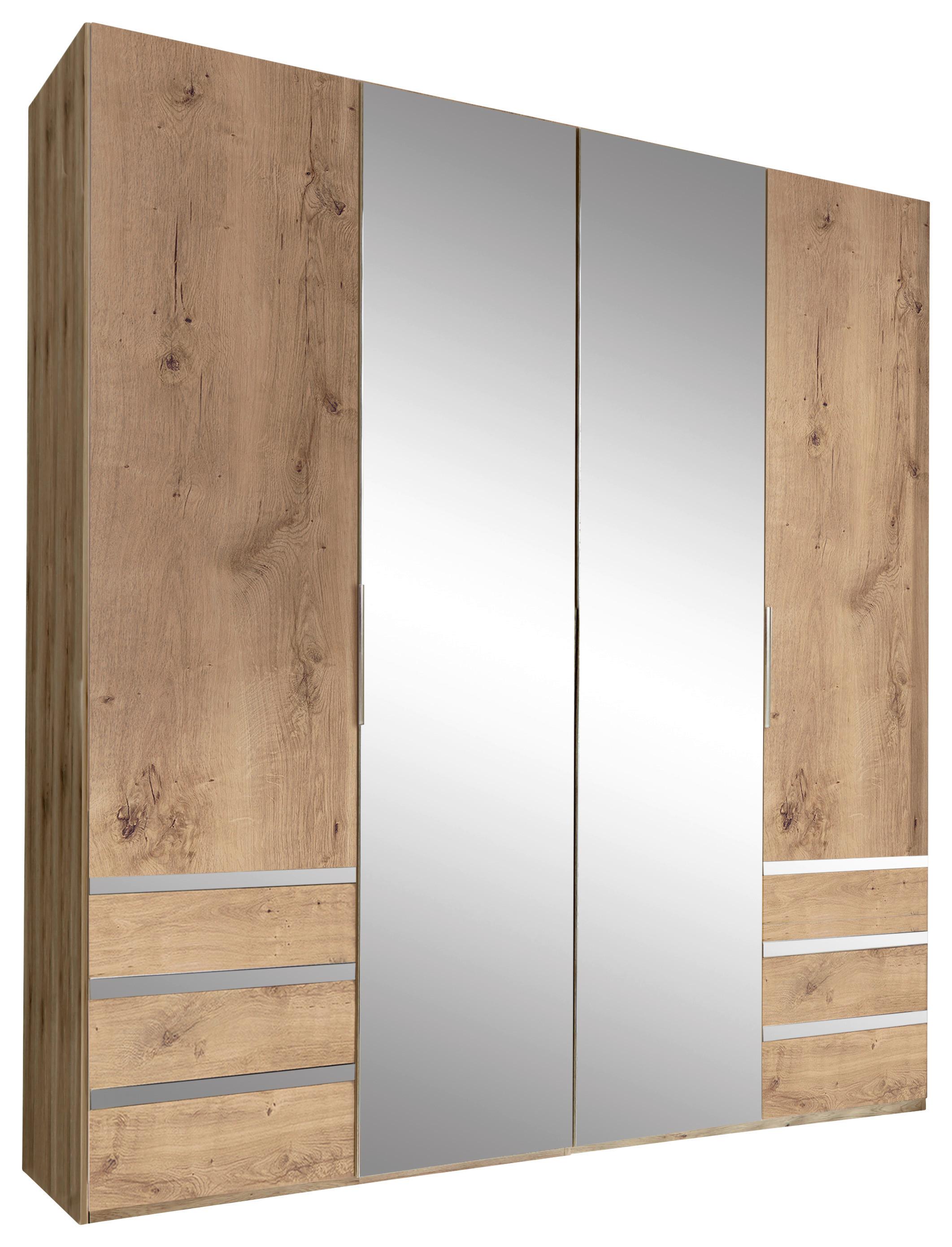 Drehtürenschrank Mit Spiegel + Laden 200cm Level 36a, Eichen - Eichefarben/Silberfarben, MODERN, Glas/Holzwerkstoff (200/216/58cm) - MID.YOU