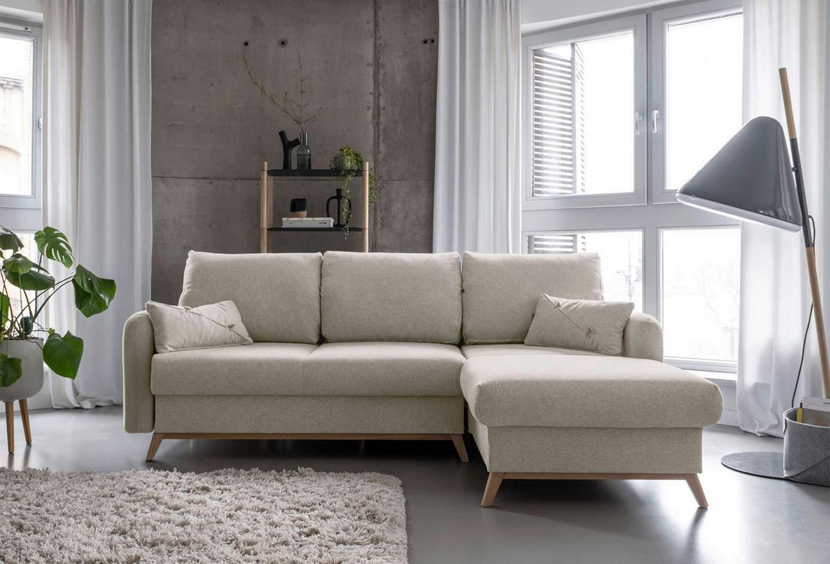 Sedačka LUCILE S, pravá, béžová, úl.prostor a lůžko - přírodní barvy/béžová, dřevo/textil (235/157cm) - MID.YOU