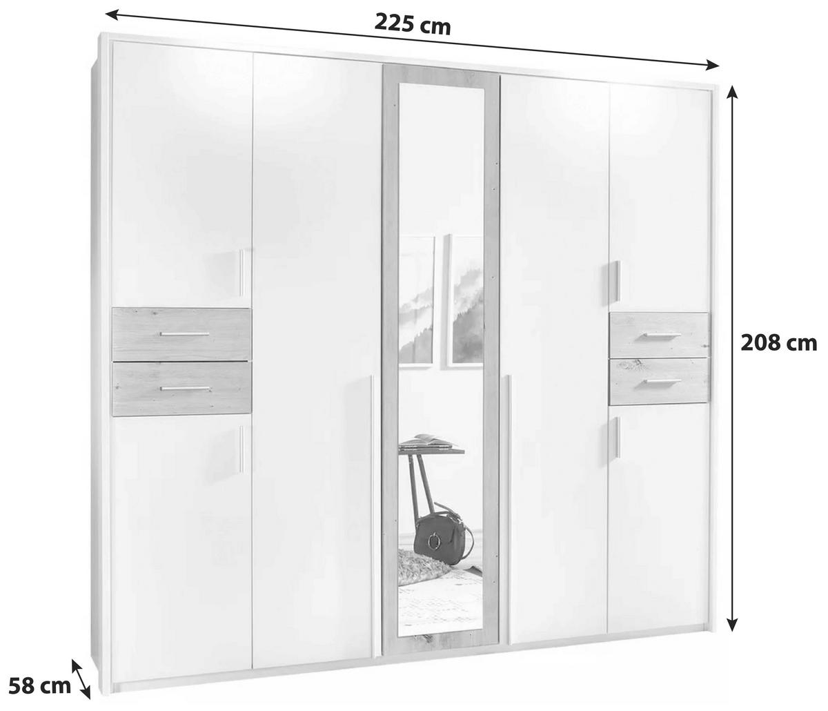 Drehtürenschrank Mit Spiegel + Laden B: 225 cm Vegas, Weiß - Graphitfarben/Weiß, Basics, Holzwerkstoff (225/208/58cm) - MID.YOU